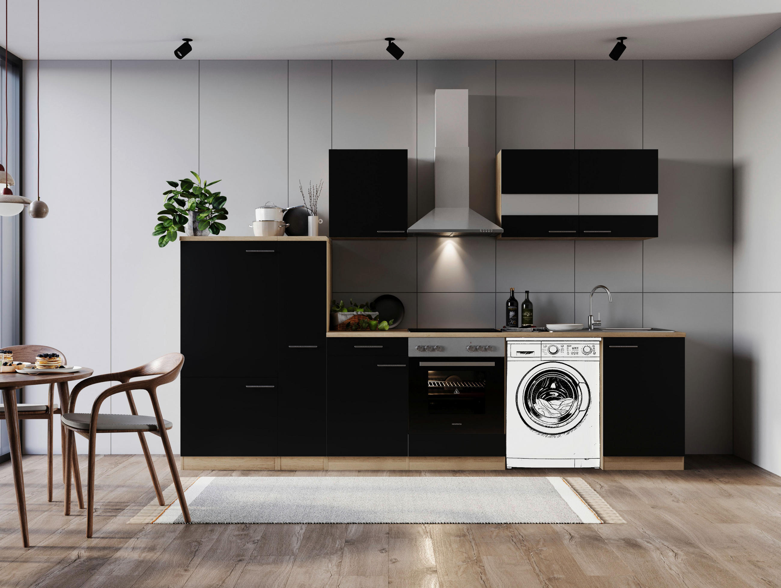 KÜCHENBLOCK 310 cm   in Schwarz  - Edelstahlfarben/Eichefarben, Basics, Glas/Holzwerkstoff (310cm) - Respekta