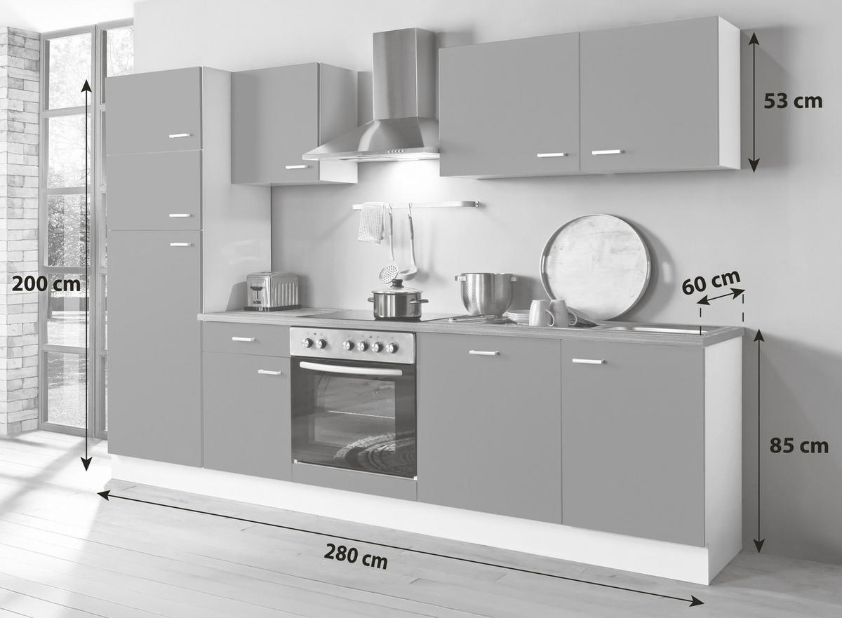 KÜCHENBLOCK 280 cm   in Weiß  - Silberfarben/Graphitfarben, KONVENTIONELL, Holzwerkstoff/Kunststoff (280cm) - Menke