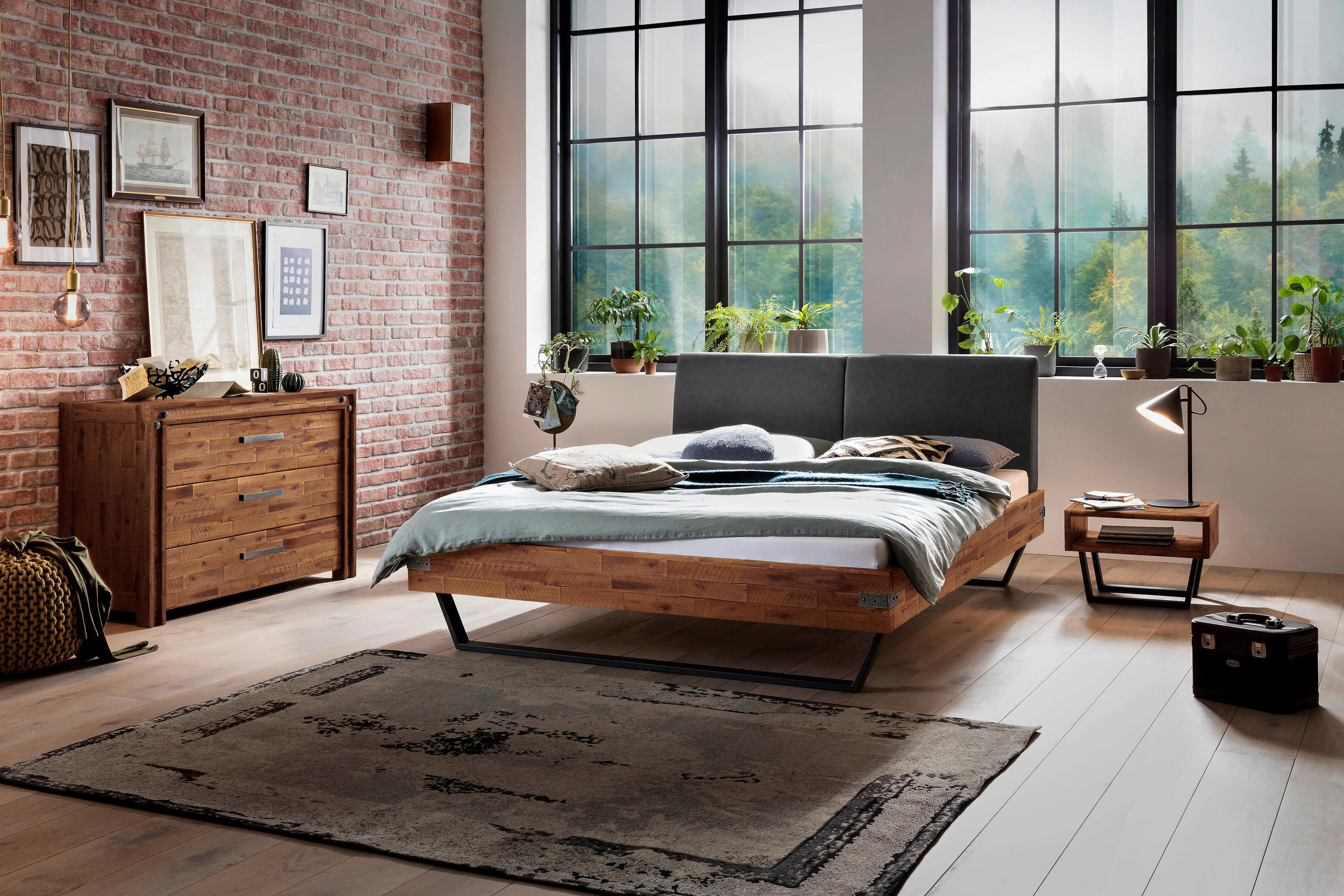 BETT 140/200 cm  in Anthrazit, Braun, Akaziefarben   - Anthrazit/Braun, Modern, Holz/Textil (140/200cm) - Hasena