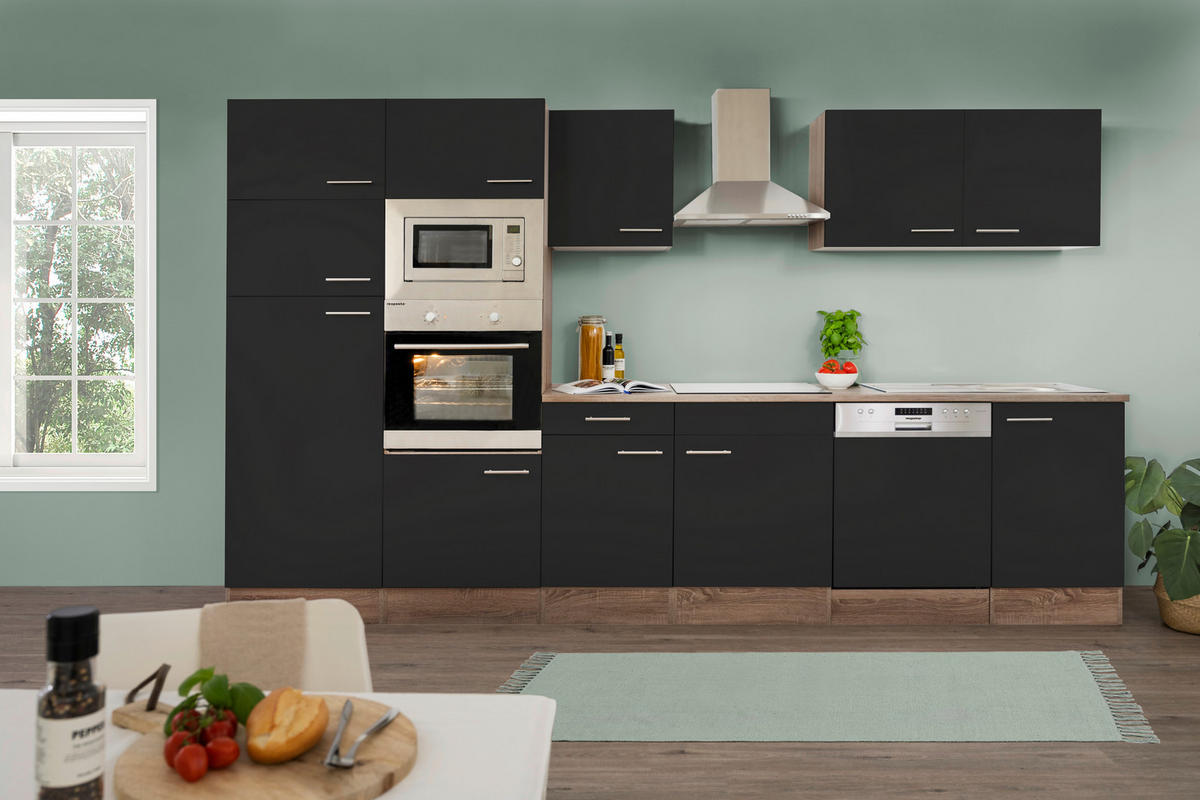KÜCHENBLOCK 340 cm   in Schwarz, Eichefarben  - Edelstahlfarben/Eichefarben, Design, Holzwerkstoff/Metall (340cm) - Respekta