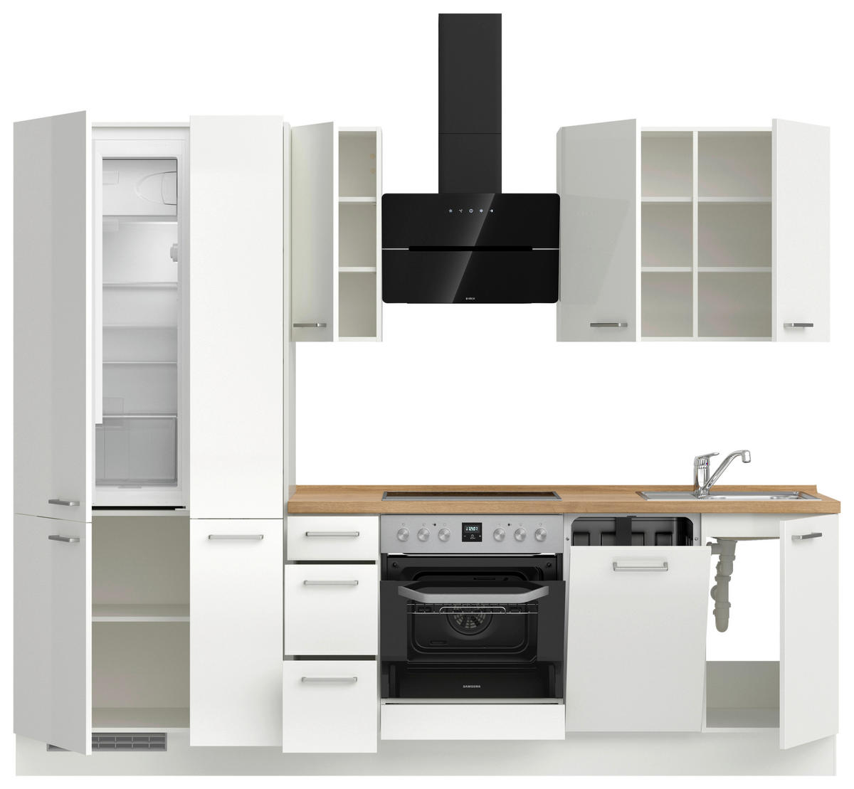 KÜCHENLEERBLOCK 270 cm   in Eichefarben, Weiß Hochglanz  - Edelstahlfarben/Eichefarben, MODERN, Holzwerkstoff/Metall (270cm) - Nobilia