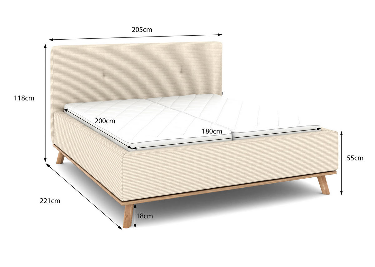 POLSTERBETT Matratze, Lattenrost, Bettkasten 180/200 cm  in Creme  - Eichefarben/Creme, Design, Holz/Textil (180/200cm) - Musterring