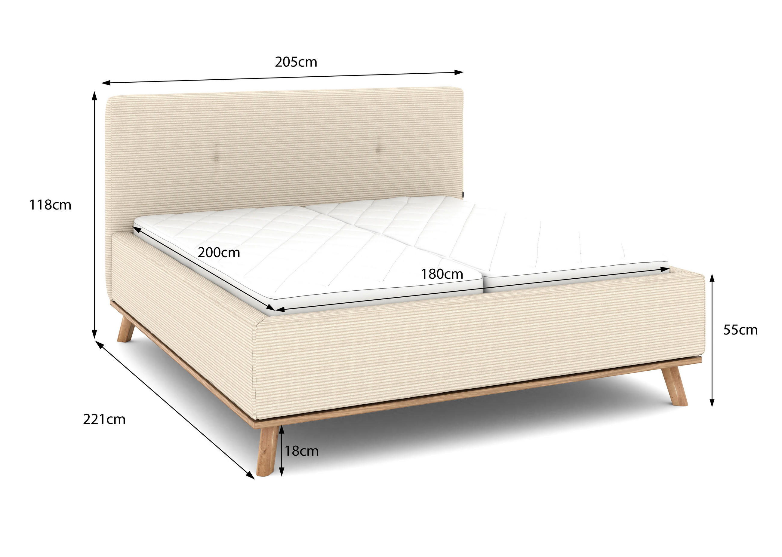 Thumbnail - Musterring Polsterbett, Creme, Textil, Birke, Buche,Esche, massiv, H2 + H3, Höhe ca. 20 cm, 180x200 cm, Reach, atmungsak...