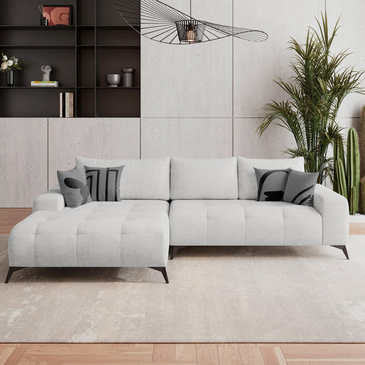 ECKSOFA MAURO Creme Flachgewebe  - Creme/Schwarz, Trend, Textil/Metall (175/290cm) - MID.YOU