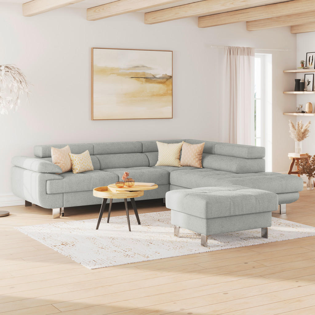 Thumbnail - Mid.you Ecksofa, Hellgrau, Textil, 5-Sitzer, Ottomane rechts, L-Form, 270x230 cm, Made in EU, Stoffauswahl, Hocker erhäl...