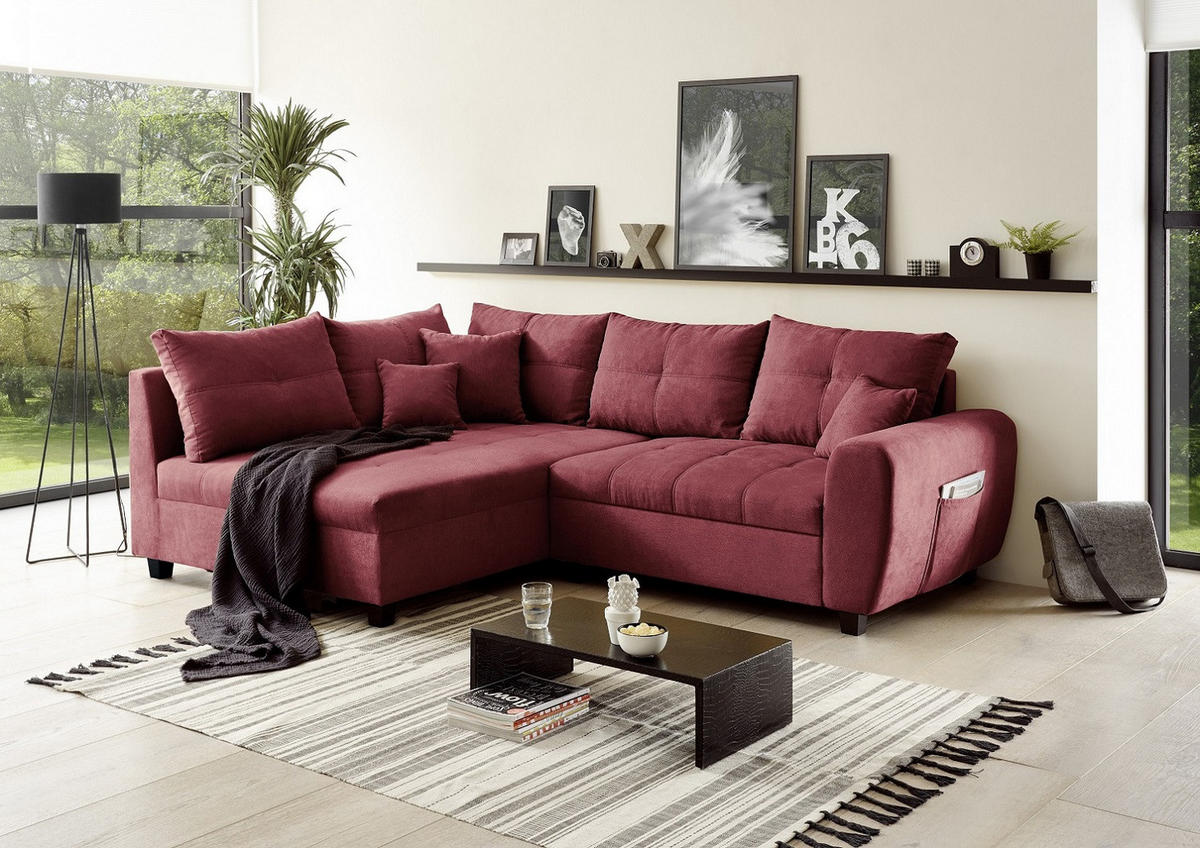 ECKSOFA inkl. Hocker in Mikrovelours Beere  - Beere/Schwarz, Basics, Holzwerkstoff/Kunststoff (248/176cm) - MID.YOU