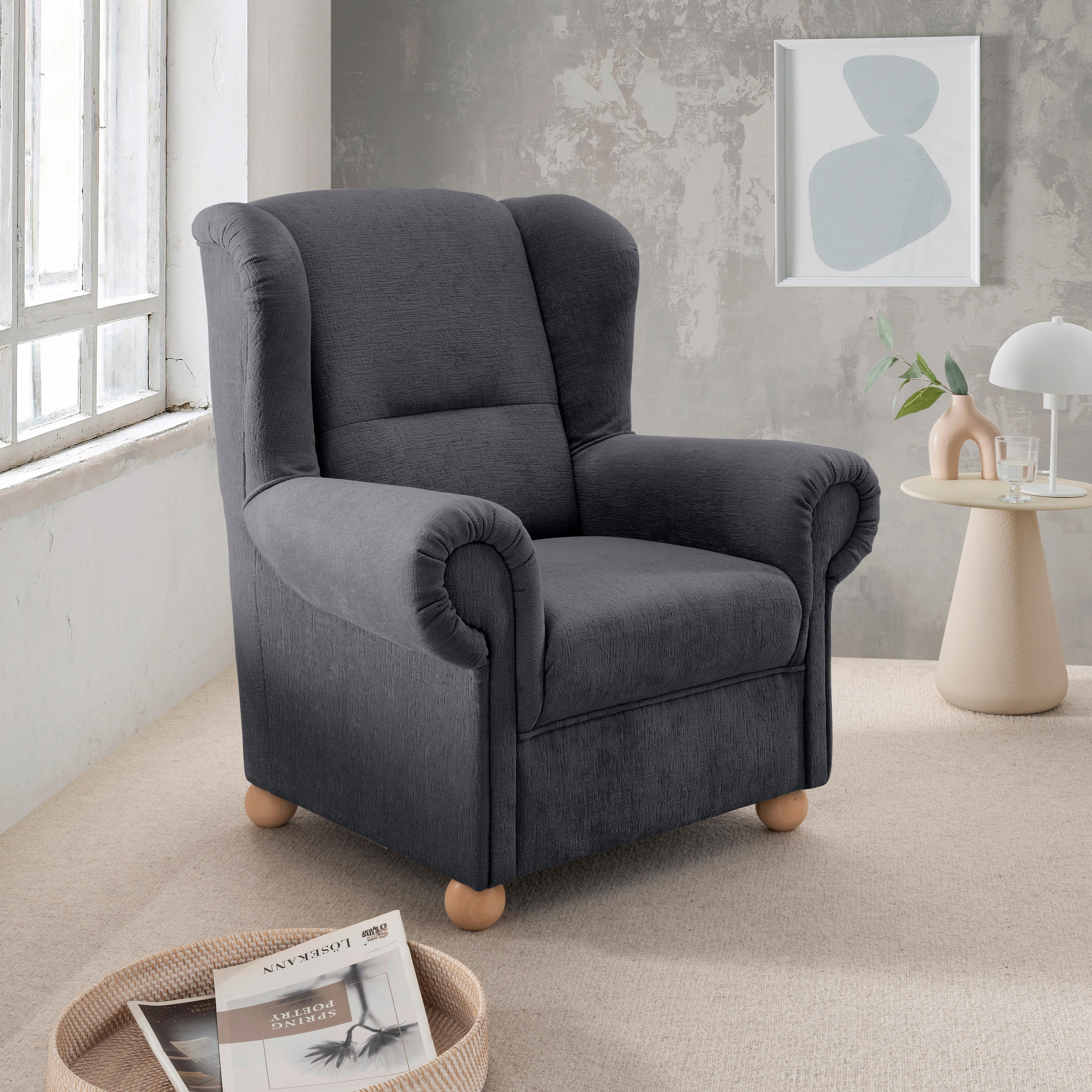 OHRENSESSEL Mikrofaser Anthrazit  - Wildeiche/Anthrazit, KONVENTIONELL, Holz/Textil (92/102/89cm) - Livetastic