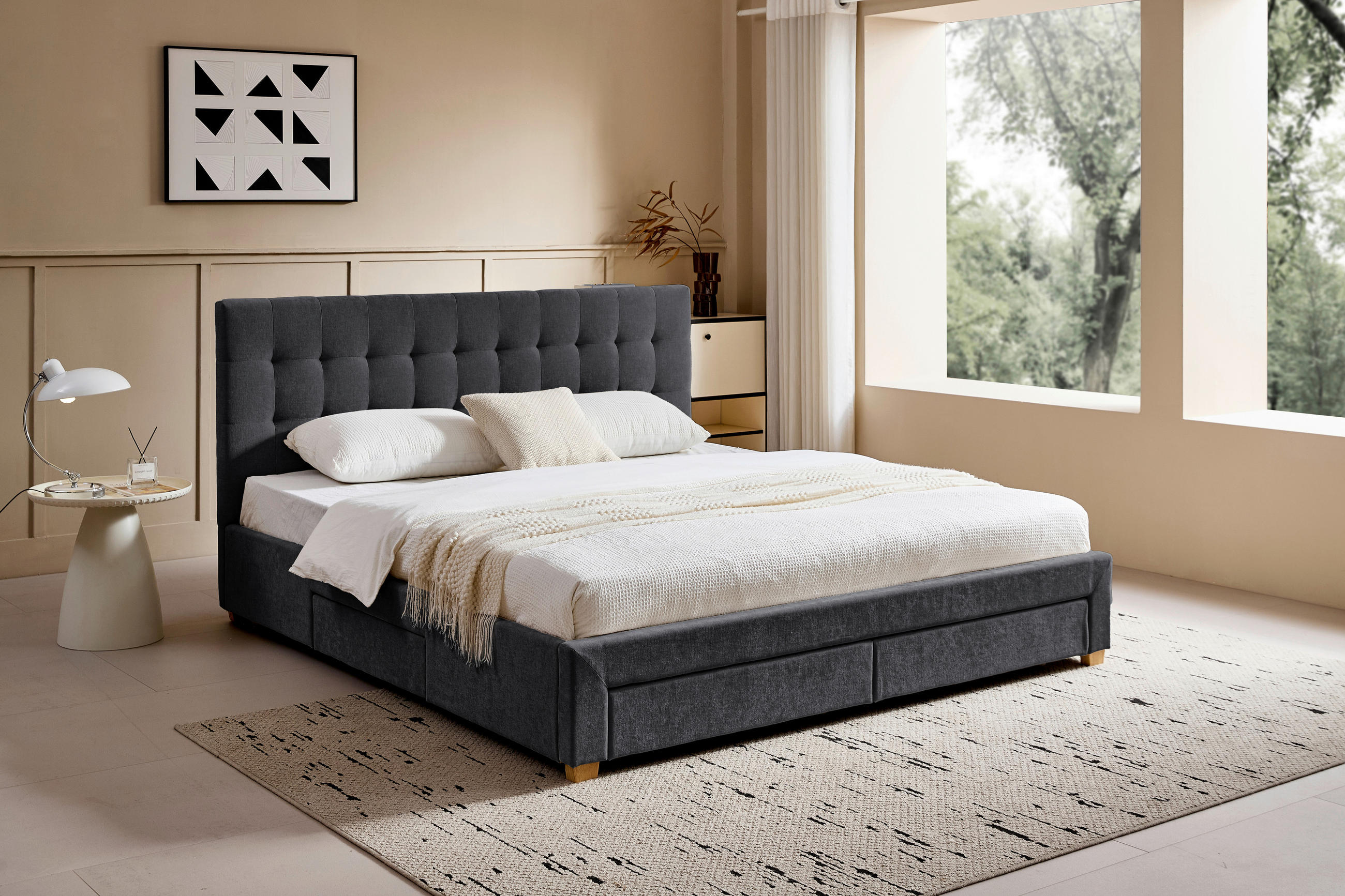 POLSTERBETT 140/200 cm, inkl. gepolstertes Kopfteil, Lattenrost, Bettschubladen,  in Dunkelgrau  - Dunkelgrau/Naturfarben, Design, Holz/Textil (140/200cm) - Boxxx