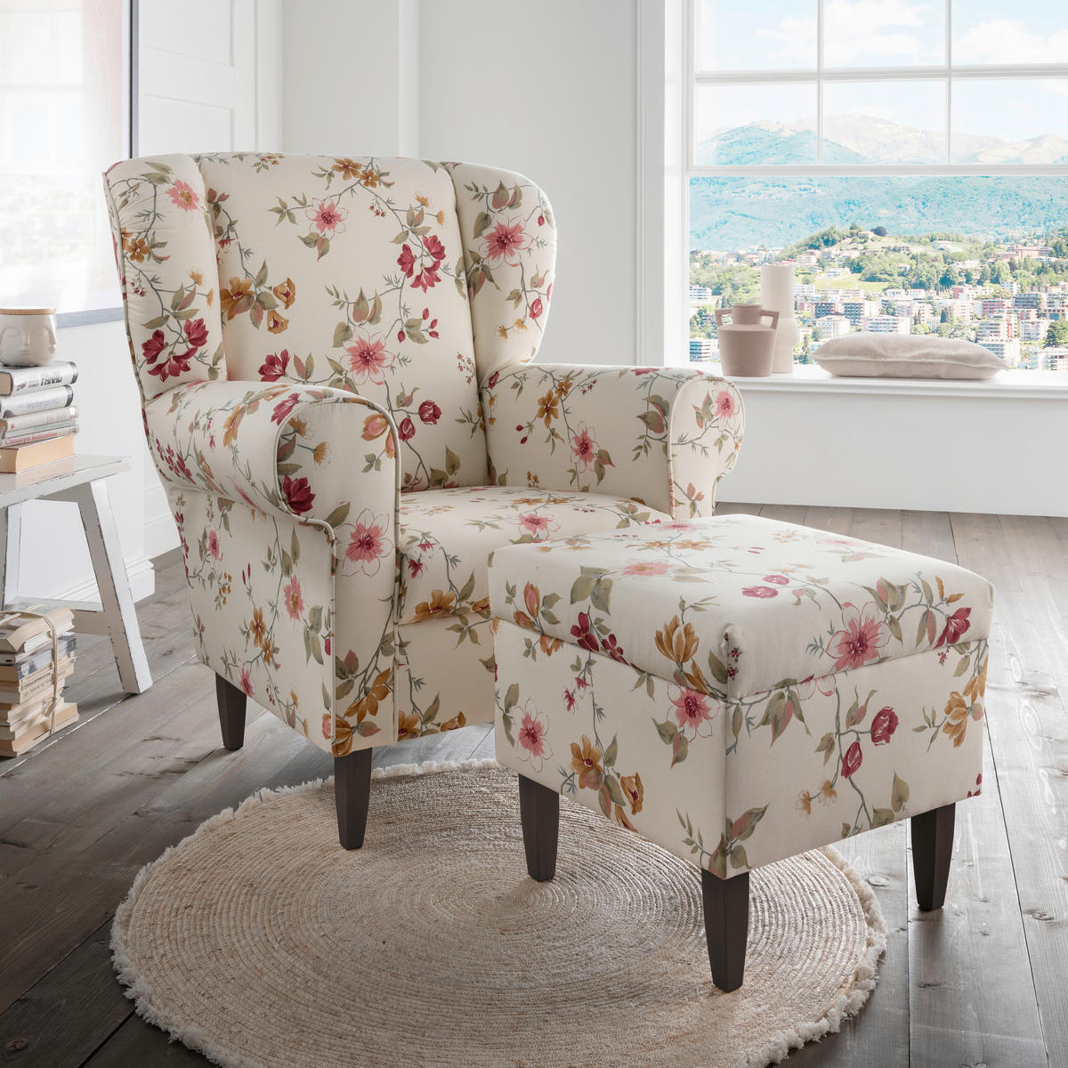 OHRENSESSEL Webstoff Rot, Wengefarben, Beige  - Wengefarben/Beige, KONVENTIONELL, Holz/Textil (80/102/86cm) - Livetastic