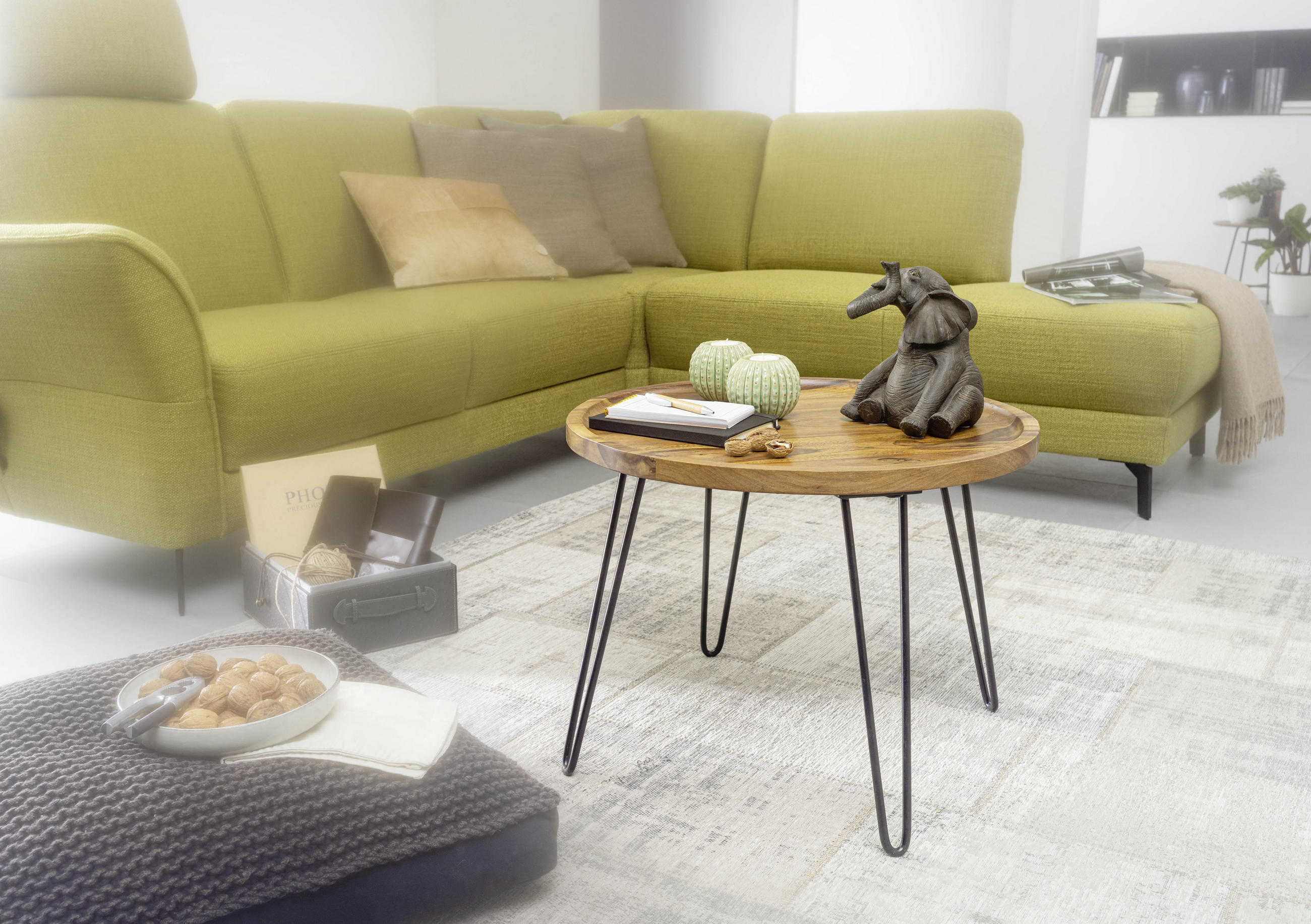 COUCHTISCH Sheesham massiv 60/60/45 cm rund Sheeshamfarben  - Sheeshamfarben/Schwarz, MODERN, Holz/Metall (60/60/45cm) - MID.YOU