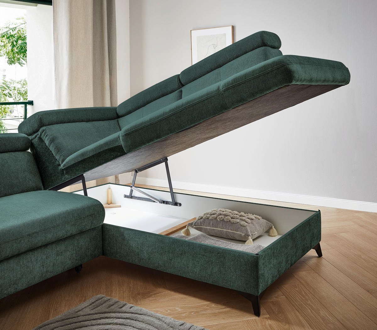 Ecksofa inkl. Funktionen in Chenille Petrol, Dunkelgrün  - Dunkelgrün/Petrol, Design, Textil/Metall (260/203cm) - Stylife