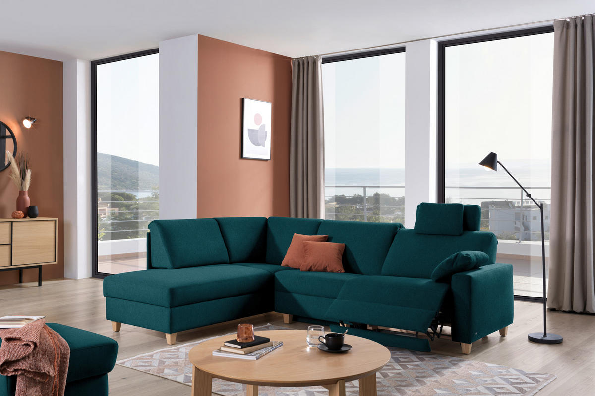 ECKSOFA in Flachgewebe Petrol  203/261 cm  - Eichefarben/Petrol, KONVENTIONELL, Holz/Textil (203/261cm) - Sedda