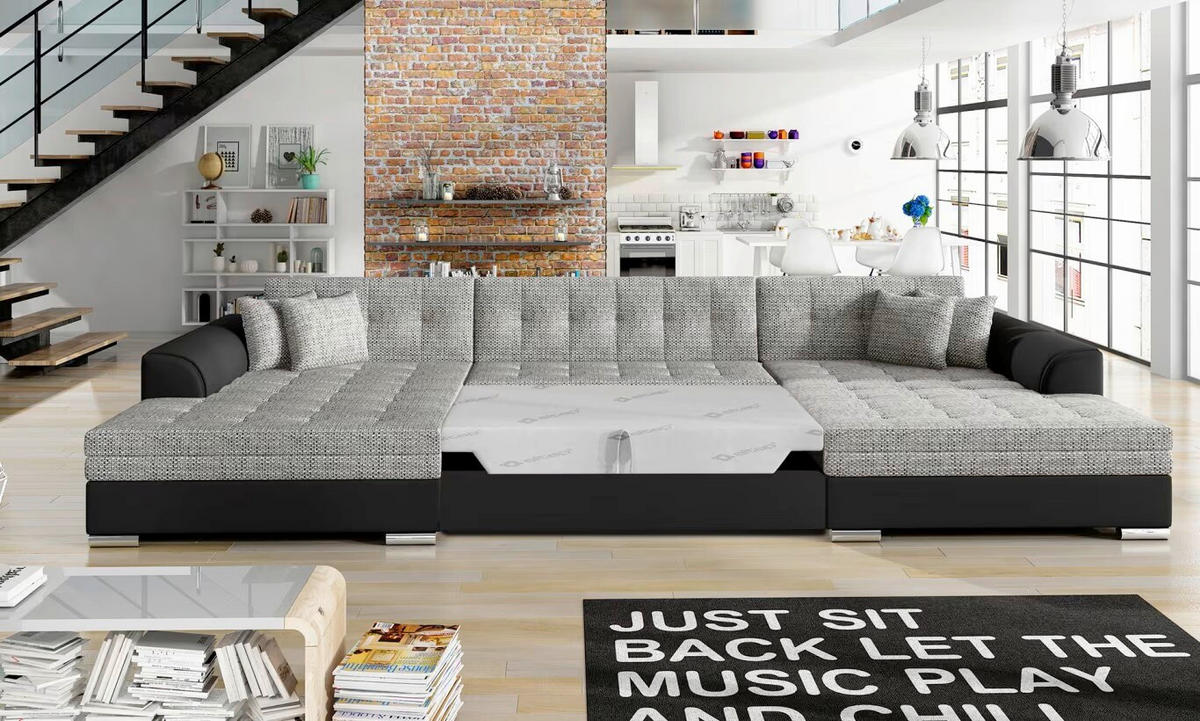 WOHNLANDSCHAFT Grau, Schwarz Webstoff  - Chromfarben/Schwarz, Design, Kunststoff/Textil (165/359/165cm) - MID.YOU