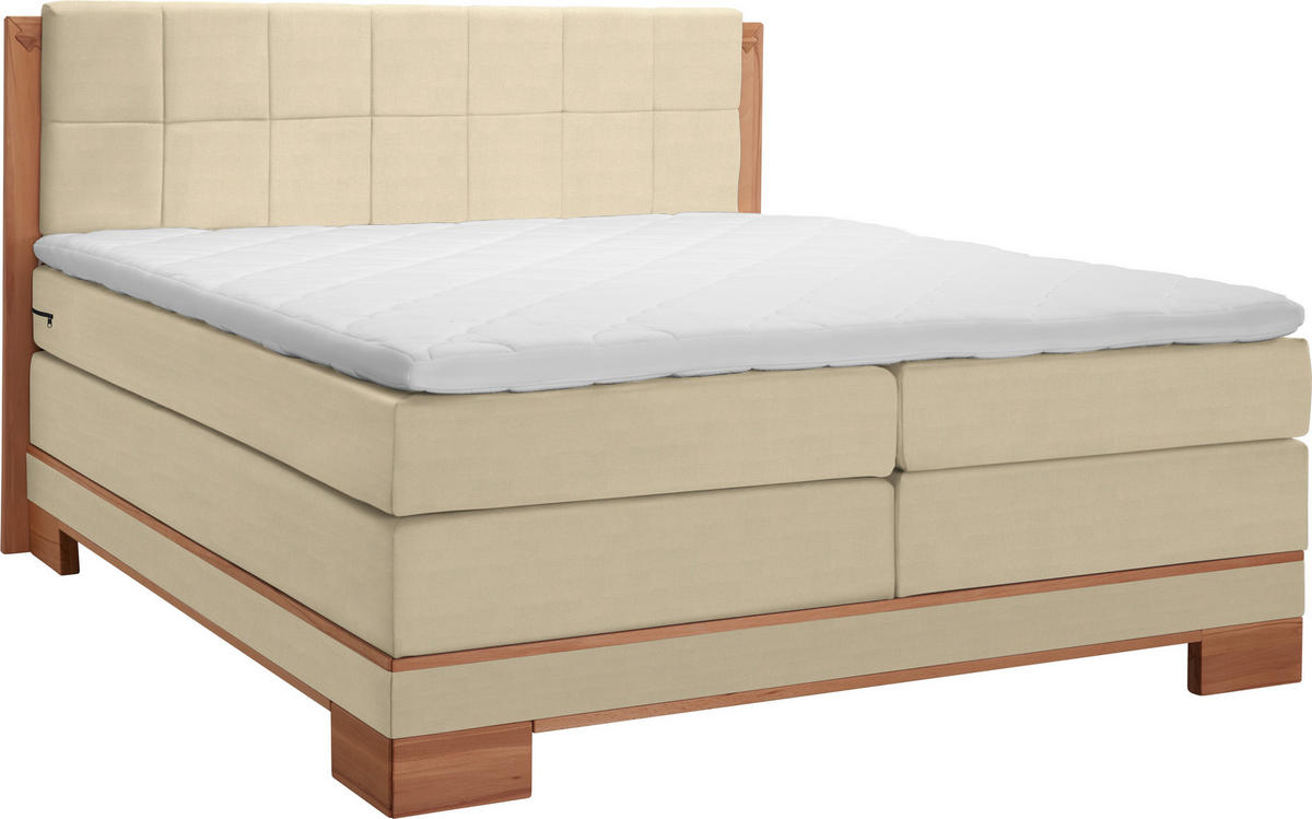 BOXSPRINGBETT 180/200 cm,  in Buchefarben, Beige, Matratze, gepolstertes Kopfteil, Topper, H2 = mittel, H3 = fest  - Beige/Buchefarben, Natur, Holz/Textil (180/200cm) - Linea Natura