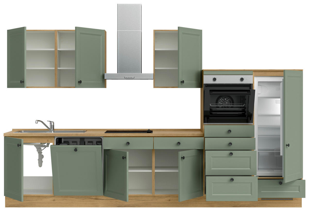 KÜCHENBLOCK Cascada 360 cm  in Grün, Eichefarben  - Eichefarben/Schwarz, MODERN, Holzwerkstoff/Metall (360cm) - Nobilia