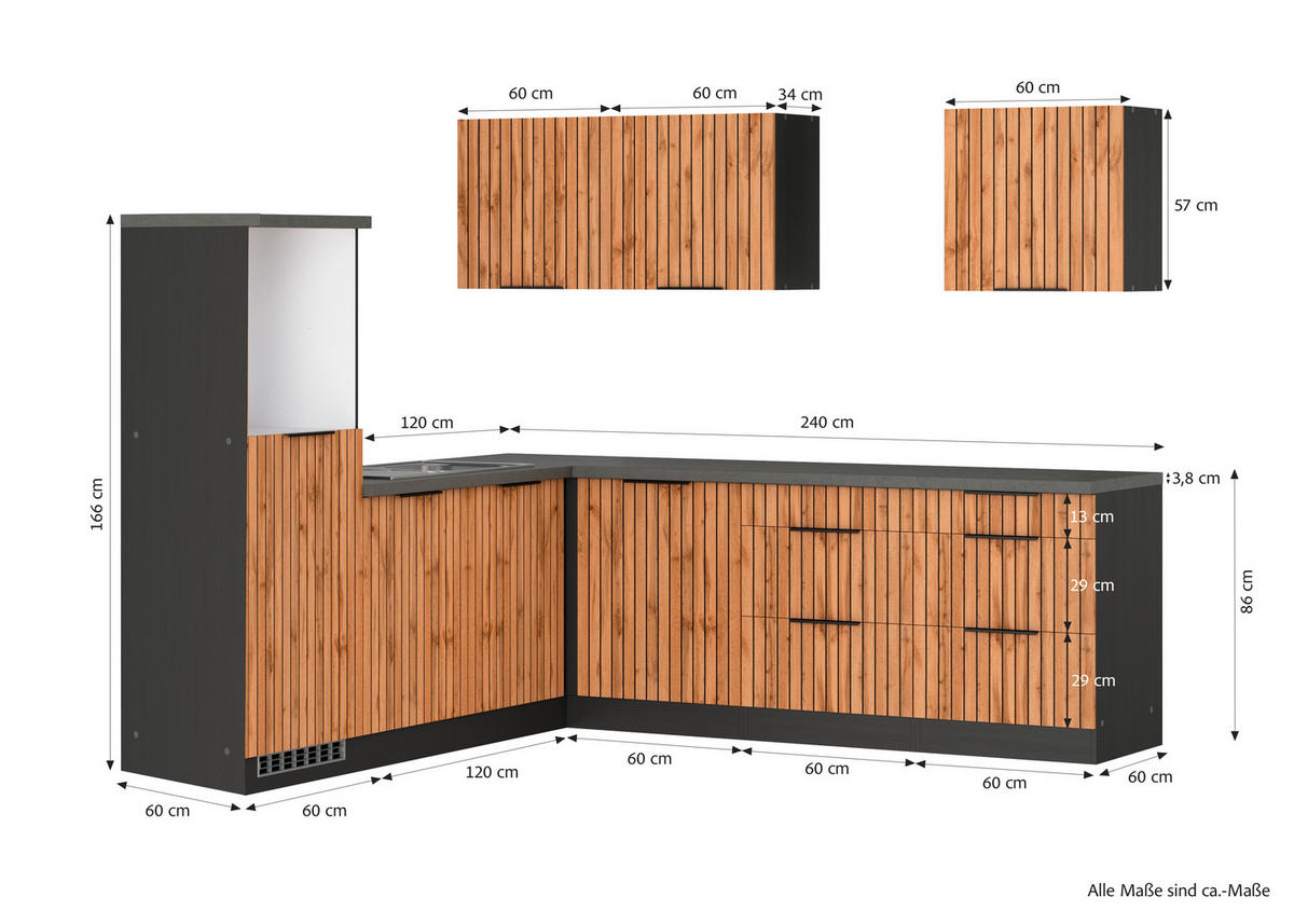 ECKKÜCHE 240/240 cm  in Graphitfarben, Eiche Wotan  - Schieferfarben/Eiche Wotan, Basics, Holzwerkstoff/Metall (240/240cm) - Held
