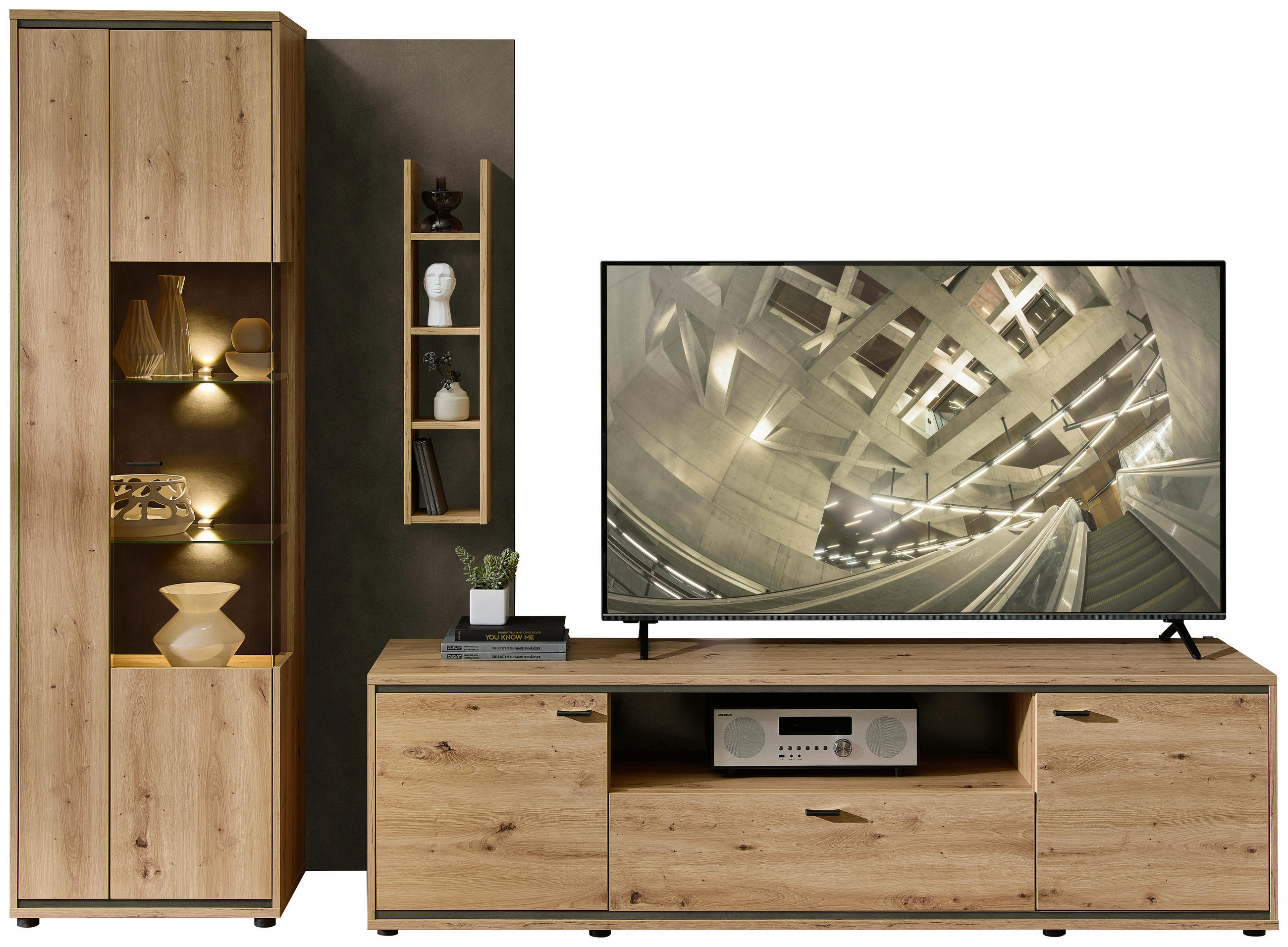 WOHNWAND  in Anthrazit, Eiche Artisan  280/205/49 cm  - Anthrazit/Schwarz, Design, Glas/Holzwerkstoff (280/205/49cm) - Stylife