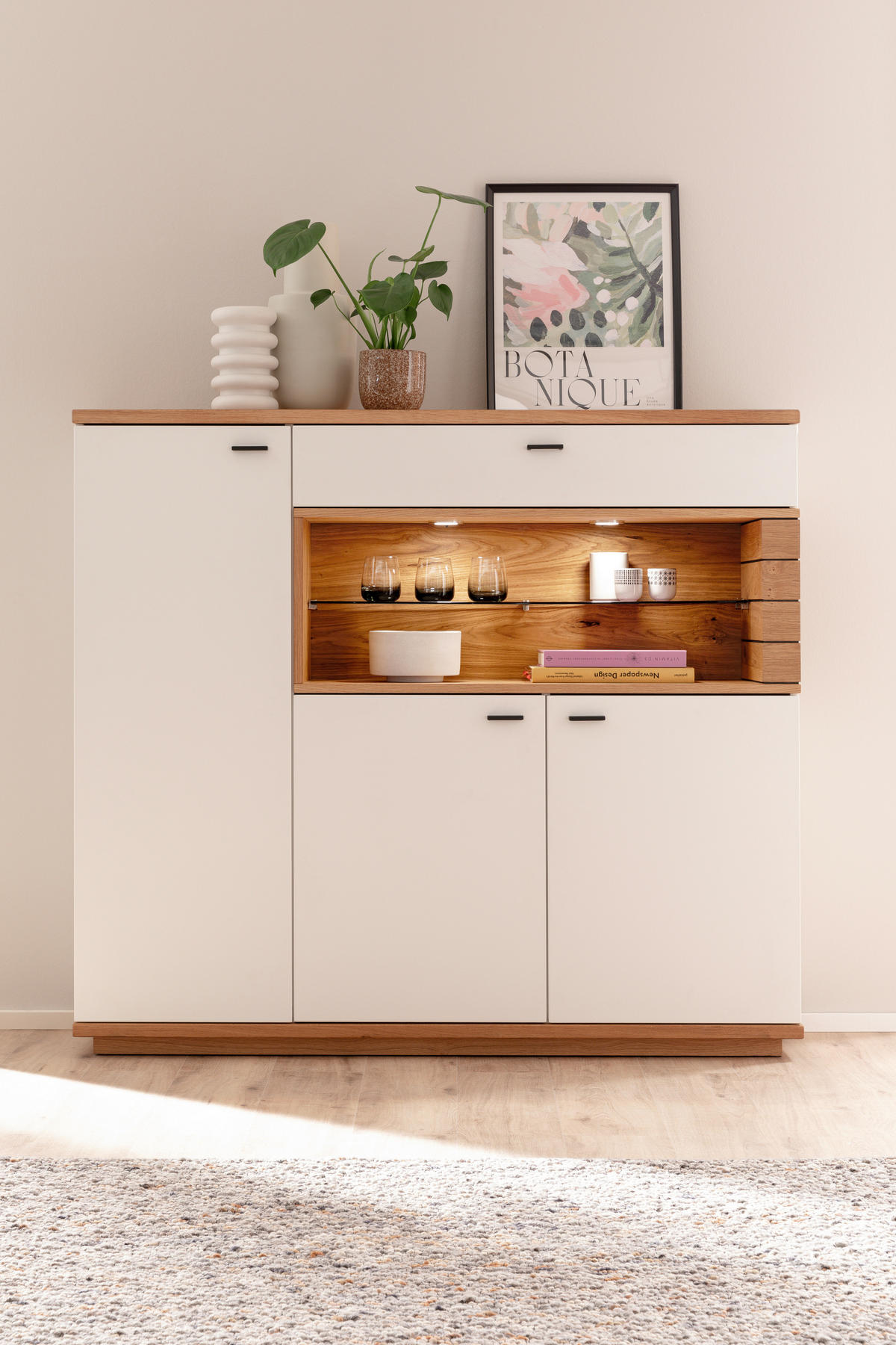 HIGHBOARD Weiß, Wildeiche  150/133/37 cm  - Wildeiche/Anthrazit, Design, Glas/Holz (150/133/37cm) - Novel