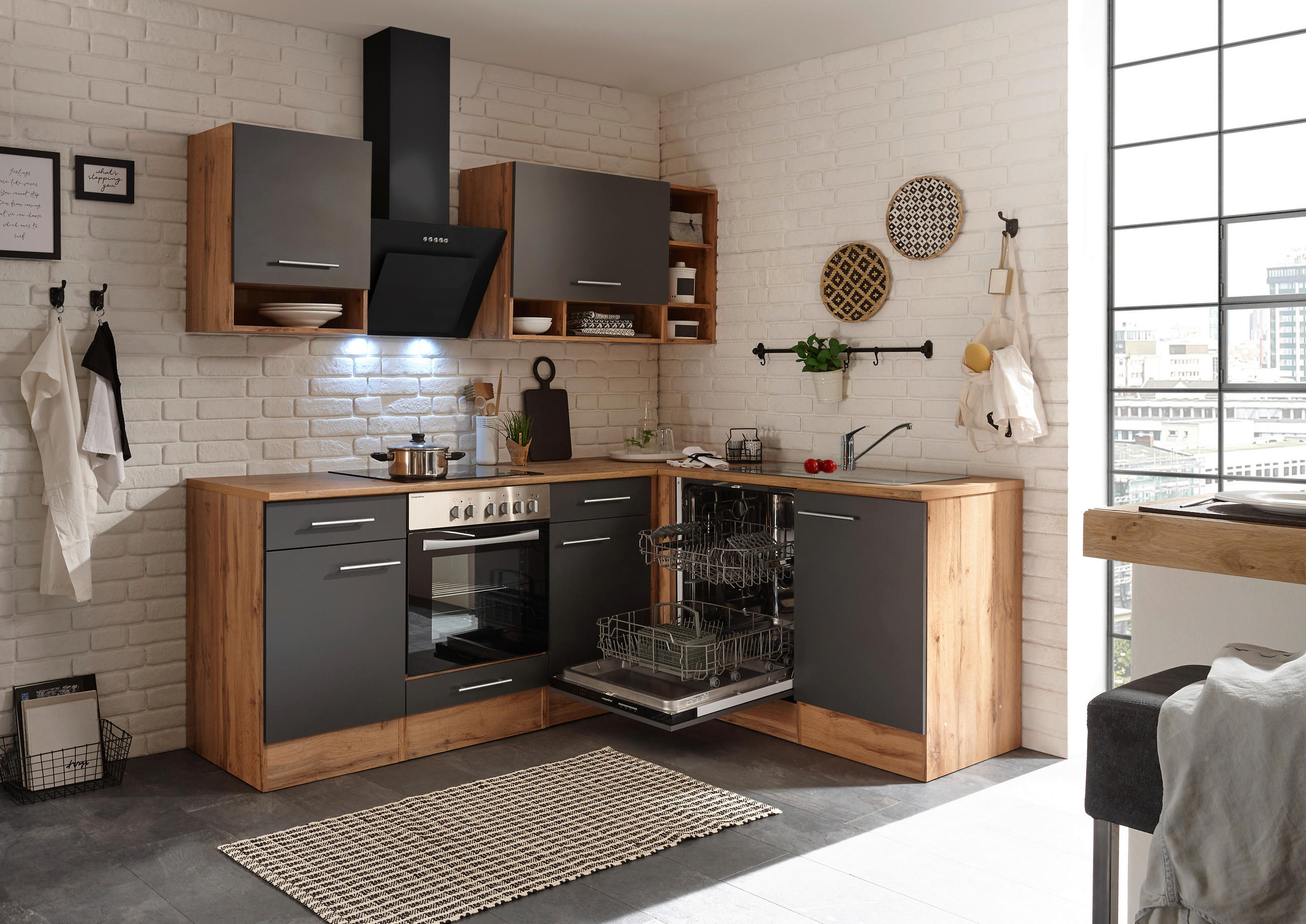 ECKKÜCHE 220/172 cm in Eichefarben - Eichefarben/Grau, MODERN, Holzwerkstoff/Metall (220/172cm) - Respekta