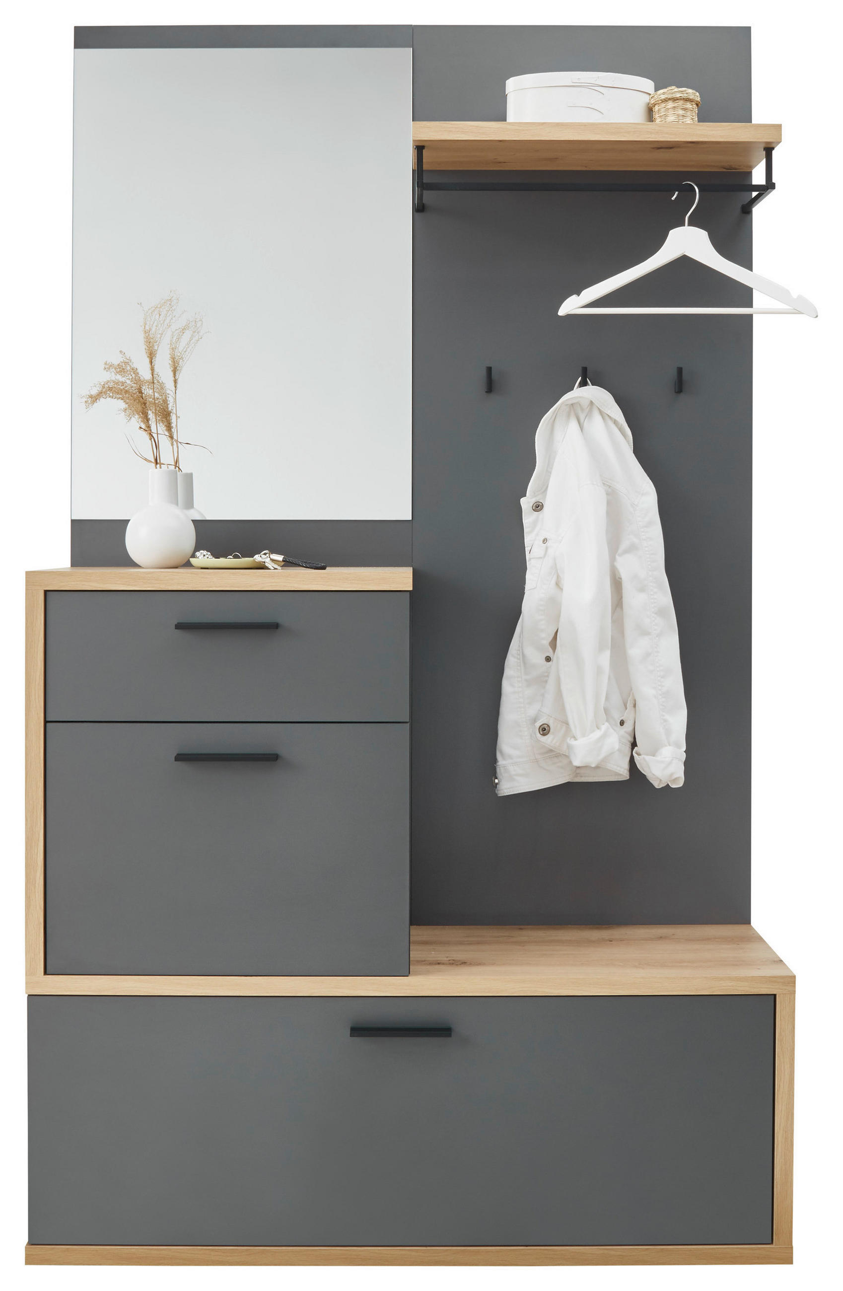 GARDEROBE 5-teilig  in 115/197/38 cm  - Eichefarben/Dunkelgrau, Design, Glas/Holzwerkstoff (115/197/38cm)