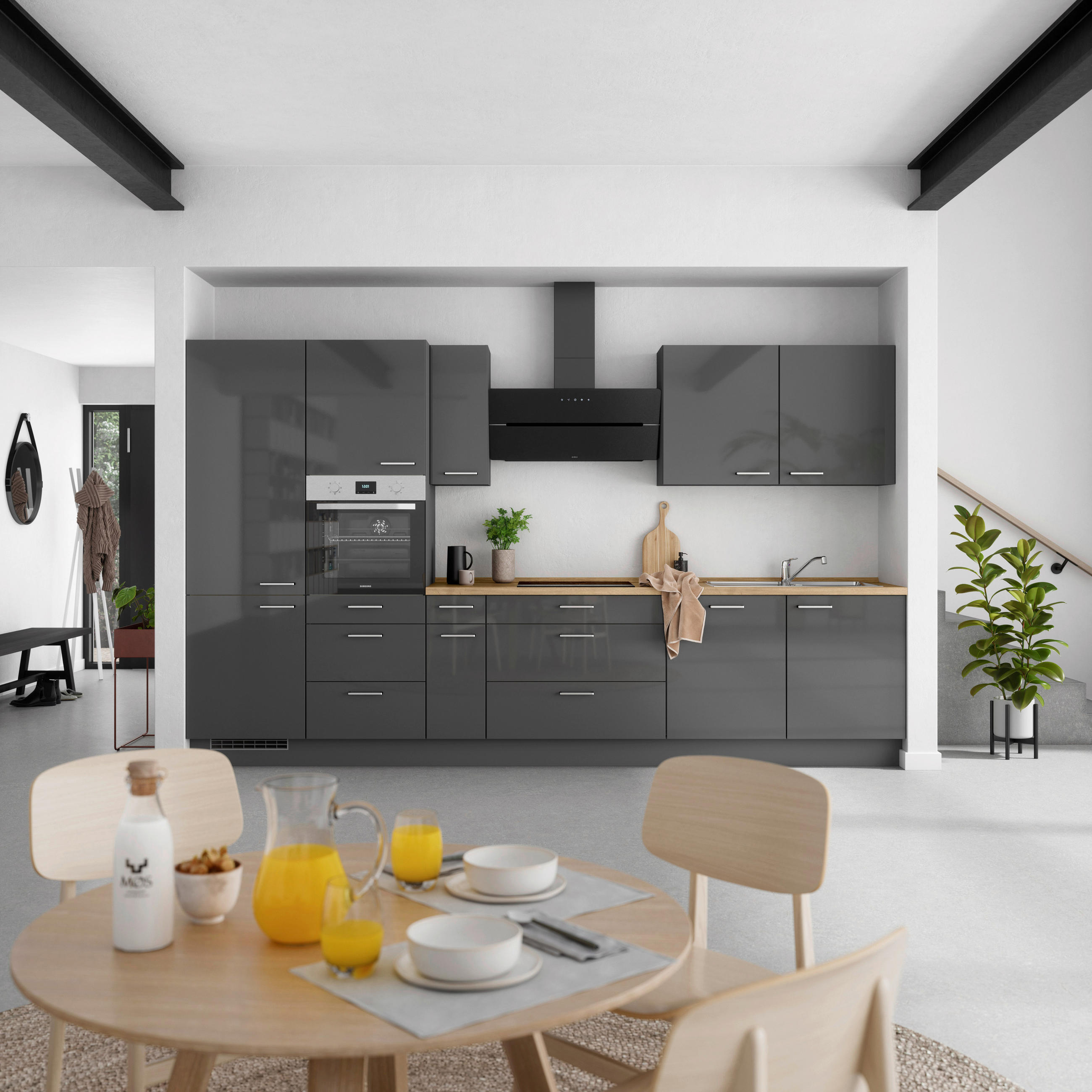 KÜCHENBLOCK Flash 360 cm  in Eichefarben, Schieferfarben  - Schieferfarben/Edelstahlfarben, MODERN, Holzwerkstoff/Metall (360cm) - Nobilia