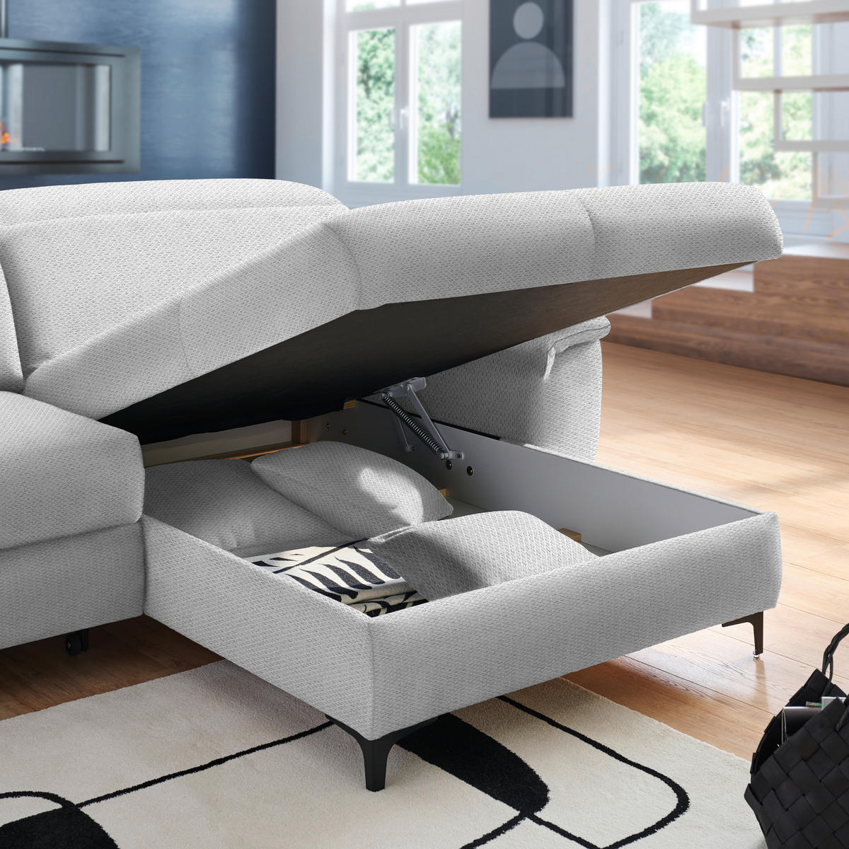 ECKSOFA in Chenille Hellgrau  - Hellgrau/Schwarz, Design, Textil/Metall (185/256cm) - Stylife