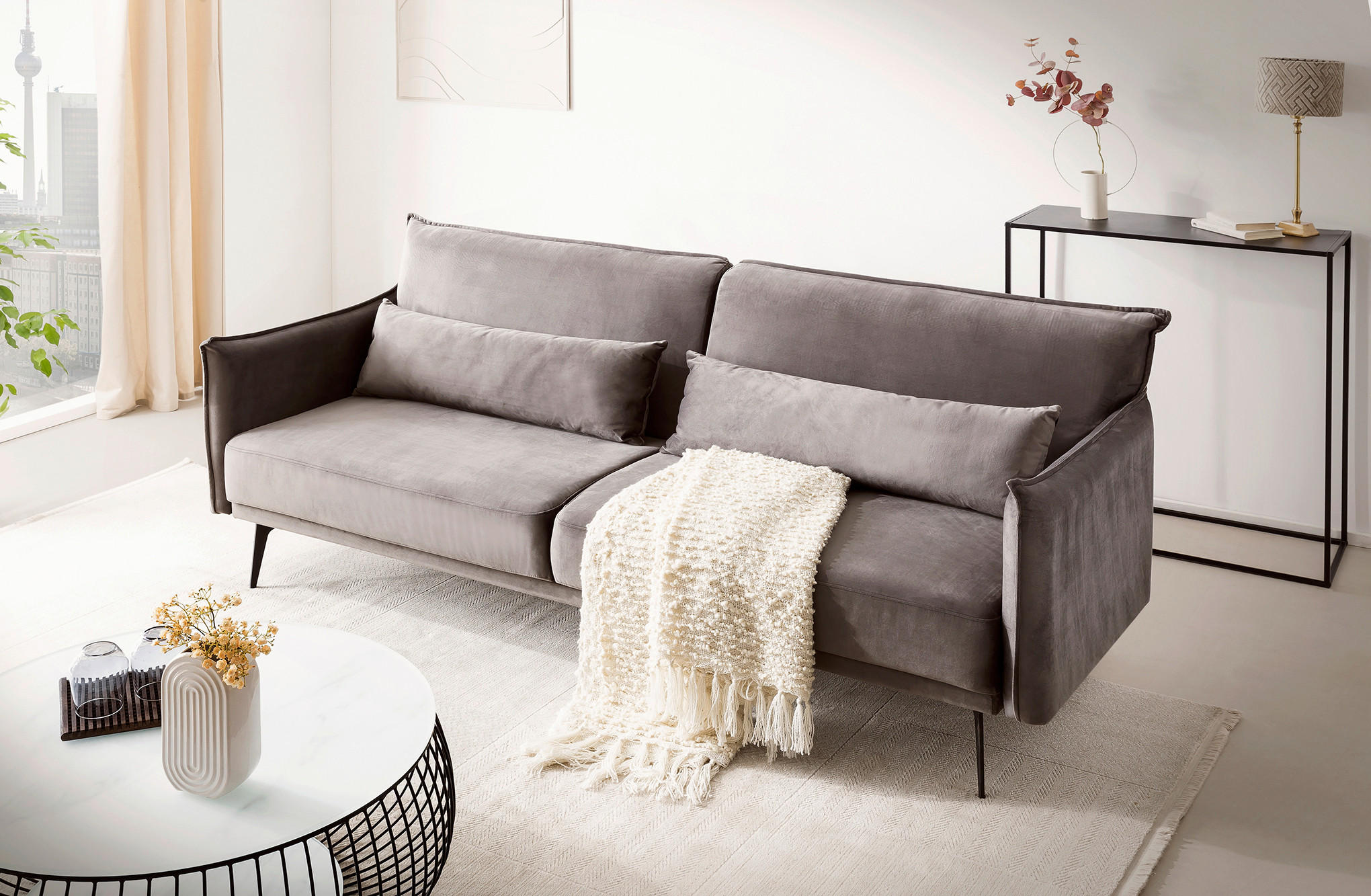 3-SITZER-SOFA Samt Grau  - Schwarz/Grau, MODERN, Textil/Metall (207/88/86cm) - Livetastic
