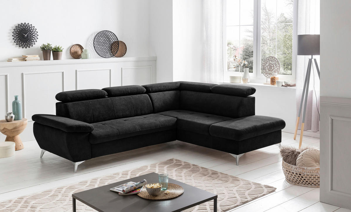 ECKSOFA in Mikrofaser Schwarz  - Chromfarben/Schwarz, Konventionell, Textil/Metall (256/209cm) - Livetastic