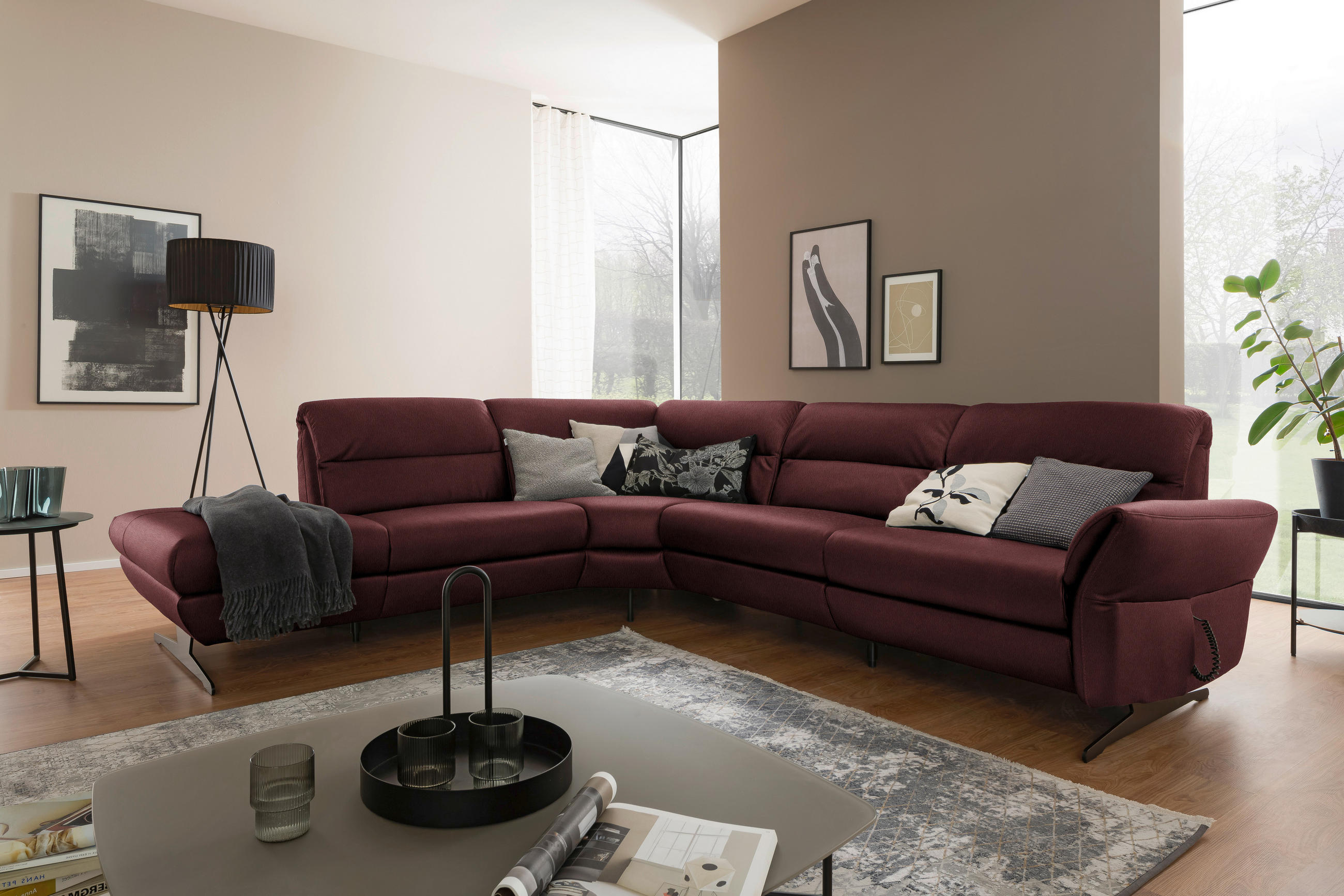 ECKSOFA Bordeaux Echtleder  - Bordeaux/Schwarz, Design, Leder/Metall (258/286cm) - Schöner Wohnen
