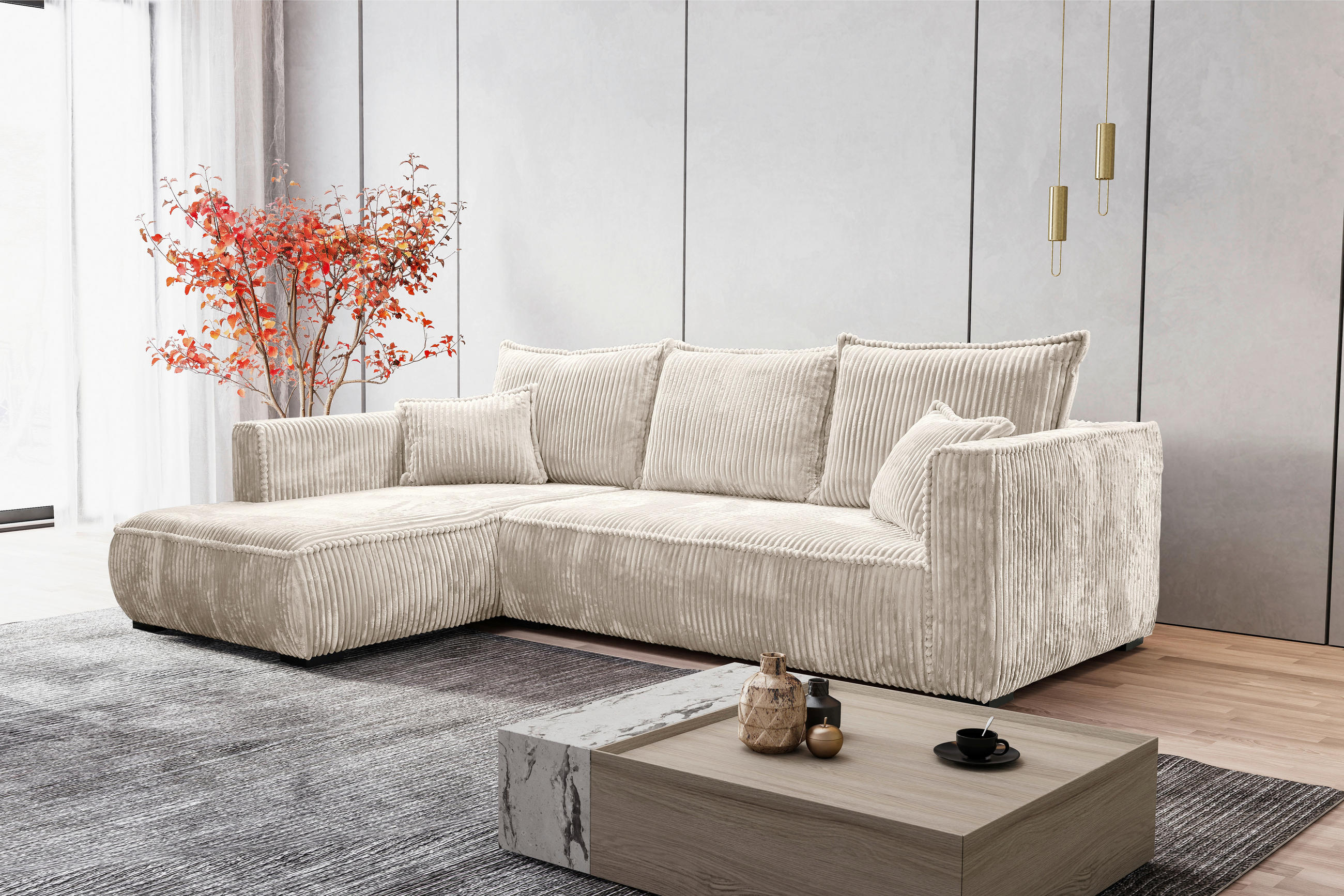 ECKSOFA Creme Cord  - Creme/Schwarz, MODERN, Holz/Textil (208/322cm) - Carryhome