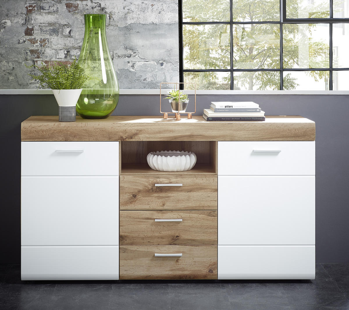 KOMMODE Lyon Weiss, Eichefarben  160/87/44 cm  - Weiss/Eichefarben, Konventionell, Holzwerkstoff/Kunststoff (160/87/44cm) - Xora