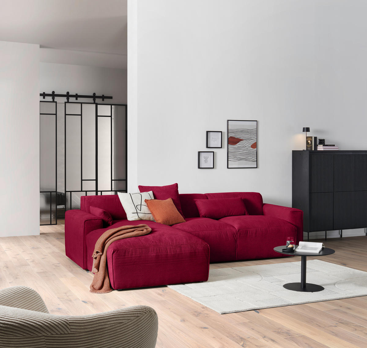 ECKSOFA in Cord Rot  196/303 cm  - Rot/Schwarz, Design, Kunststoff/Textil (196/303cm) - Livetastic