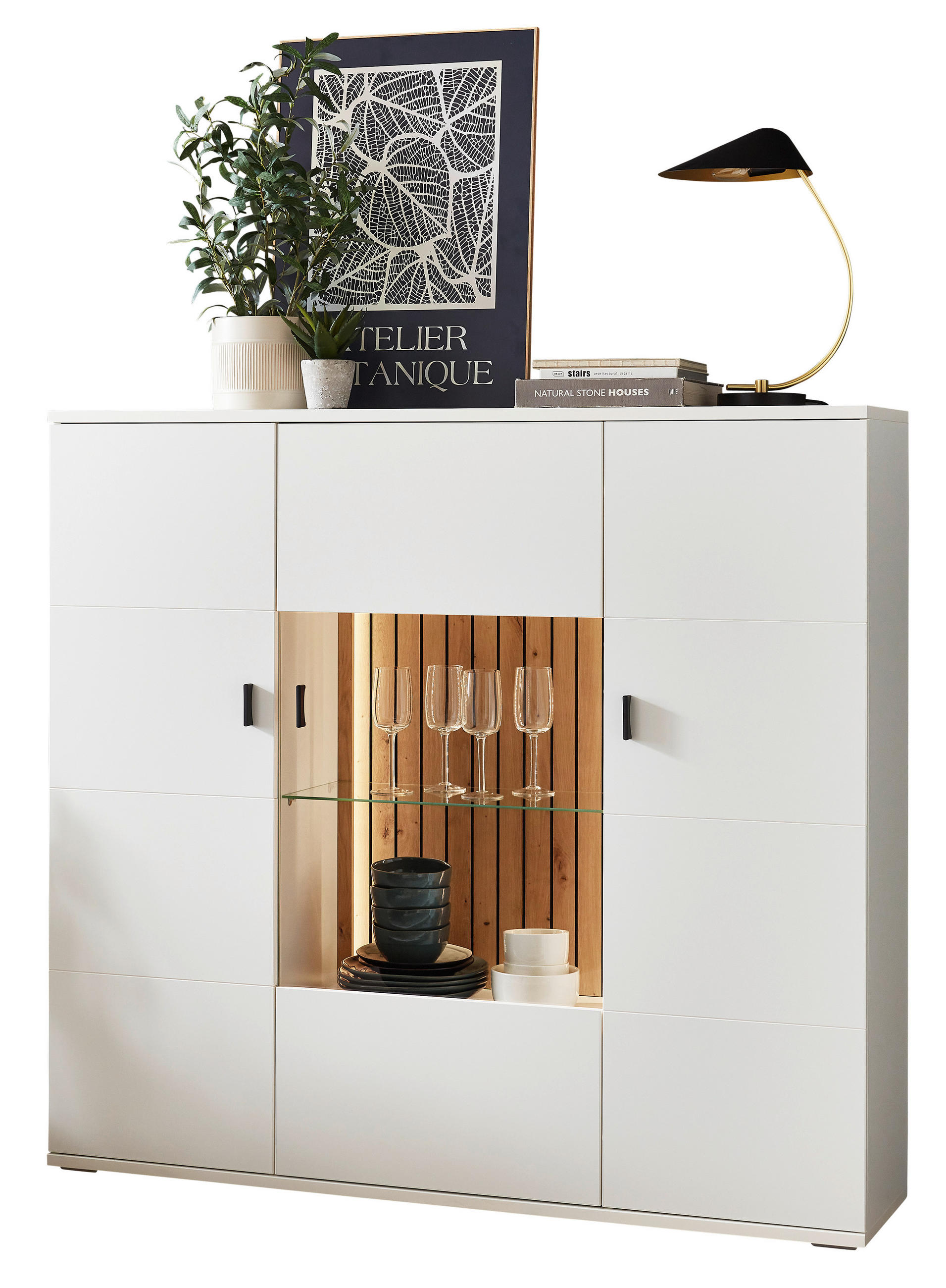 HIGHBOARD Weiss, Eiche Artisan  149,6/138,8/37,4 cm  - Weiss/Anthrazit, Design, Glas/Holzwerkstoff (149,6/138,8/37,4cm) - Stylife
