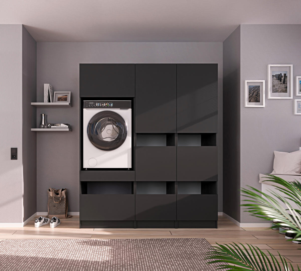 WASCHMASCHINENSCHRANK 68/200/68 cm  in Anthrazit  - Anthrazit/Schwarz, Design, Holzwerkstoff/Metall (68/200/68cm) - Milino
