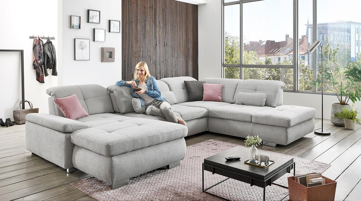 SAROKKANAPÉ fa, faalapú anyag szürke  - króm/szürke, Design, faalapú anyag/fa (195/371/260cm) - Beldomo Style