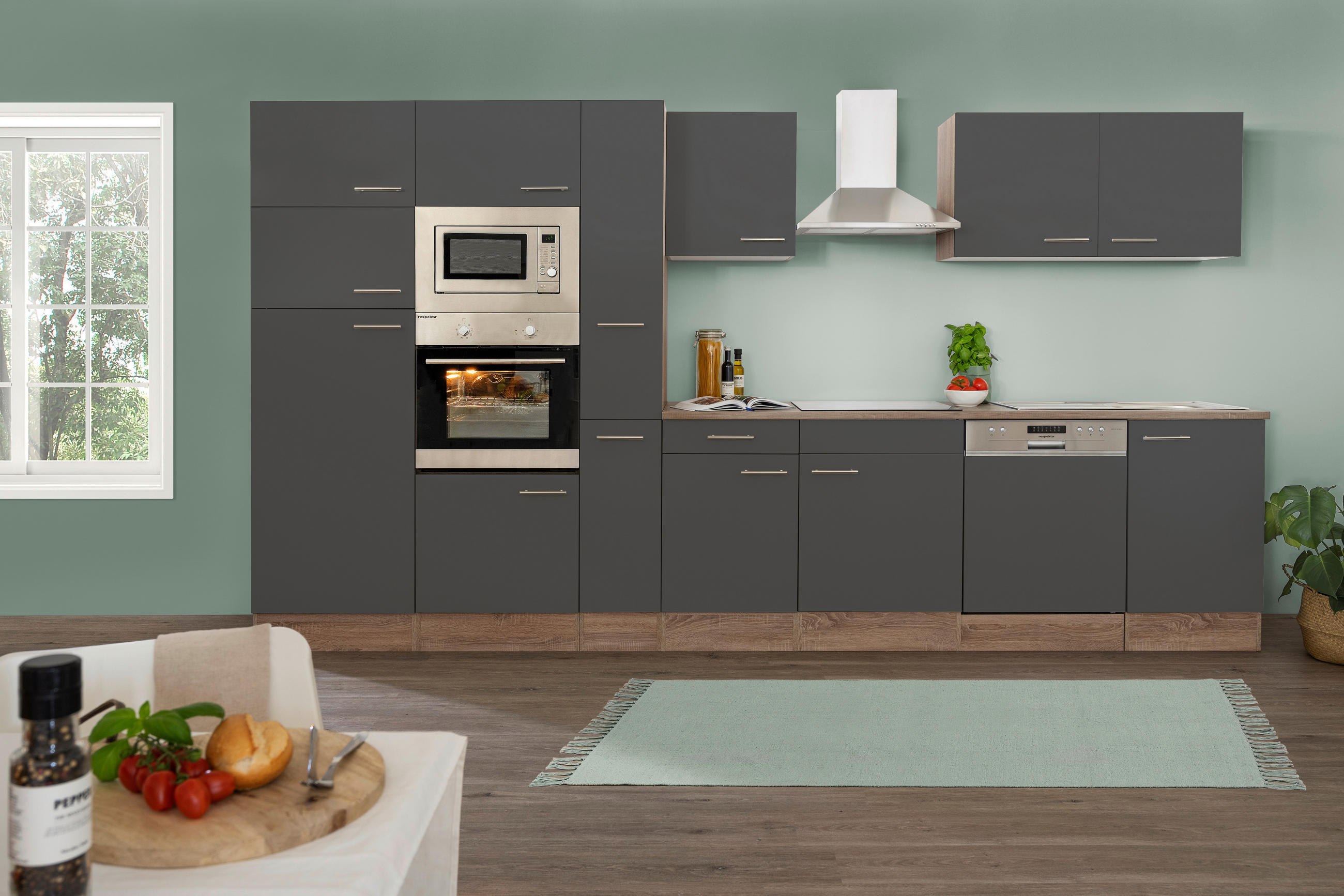 KÜCHENLEERBLOCK 370 cm   in Grau  - Edelstahlfarben/Eichefarben, Basics, Holzwerkstoff/Metall (370cm) - Respekta