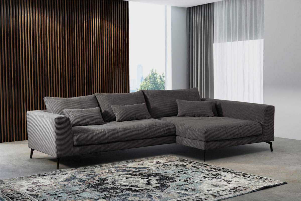 ECKSOFA in Cord Grau  - Schwarz/Grau, Design, Textil/Metall (313/172cm) - Livetastic