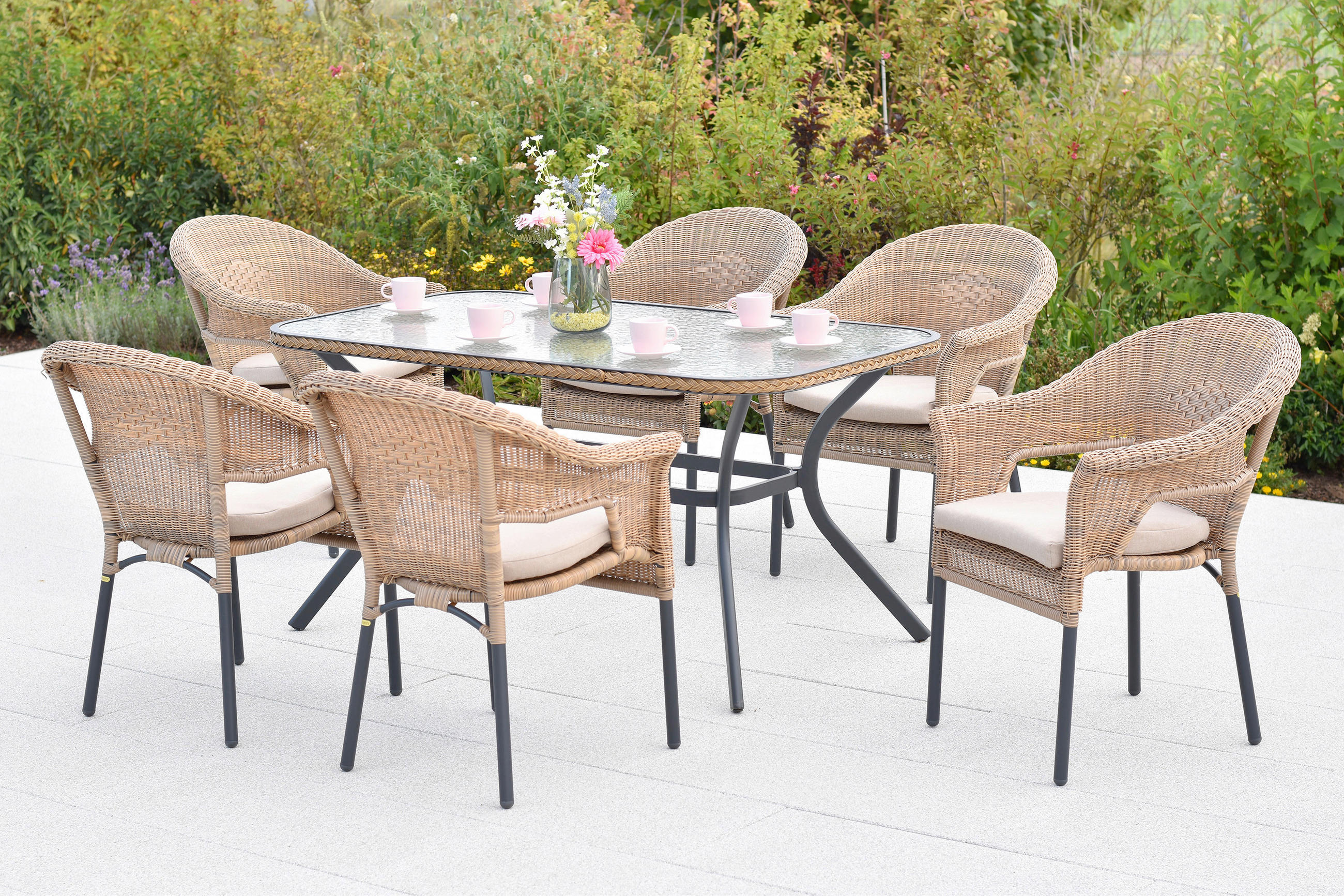 GARTENTISCHGRUPPE  - Beige/Graphitfarben, KONVENTIONELL, Glas/Kunststoff - Gardenson