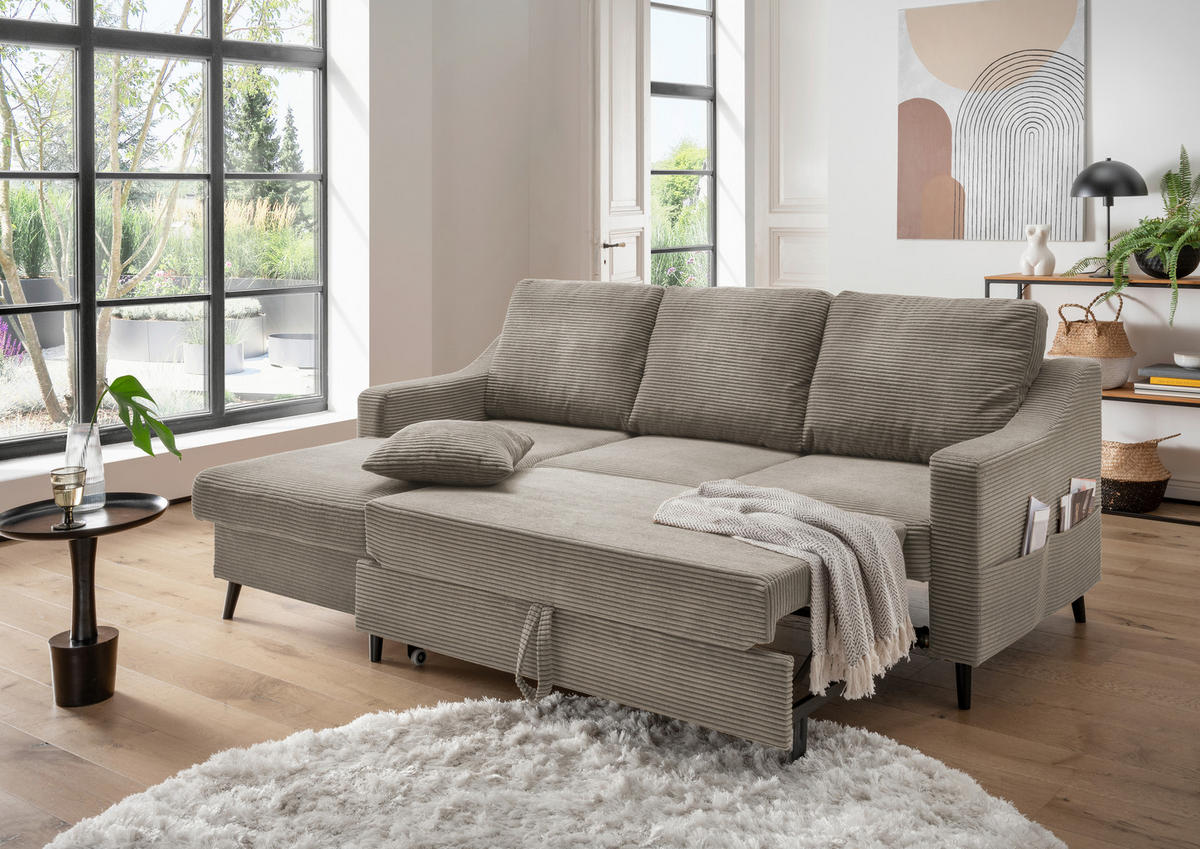 ECKSOFA Graubraun Cord  - Graubraun/Schwarz, Design, Holz/Textil (150/228cm) - P & B