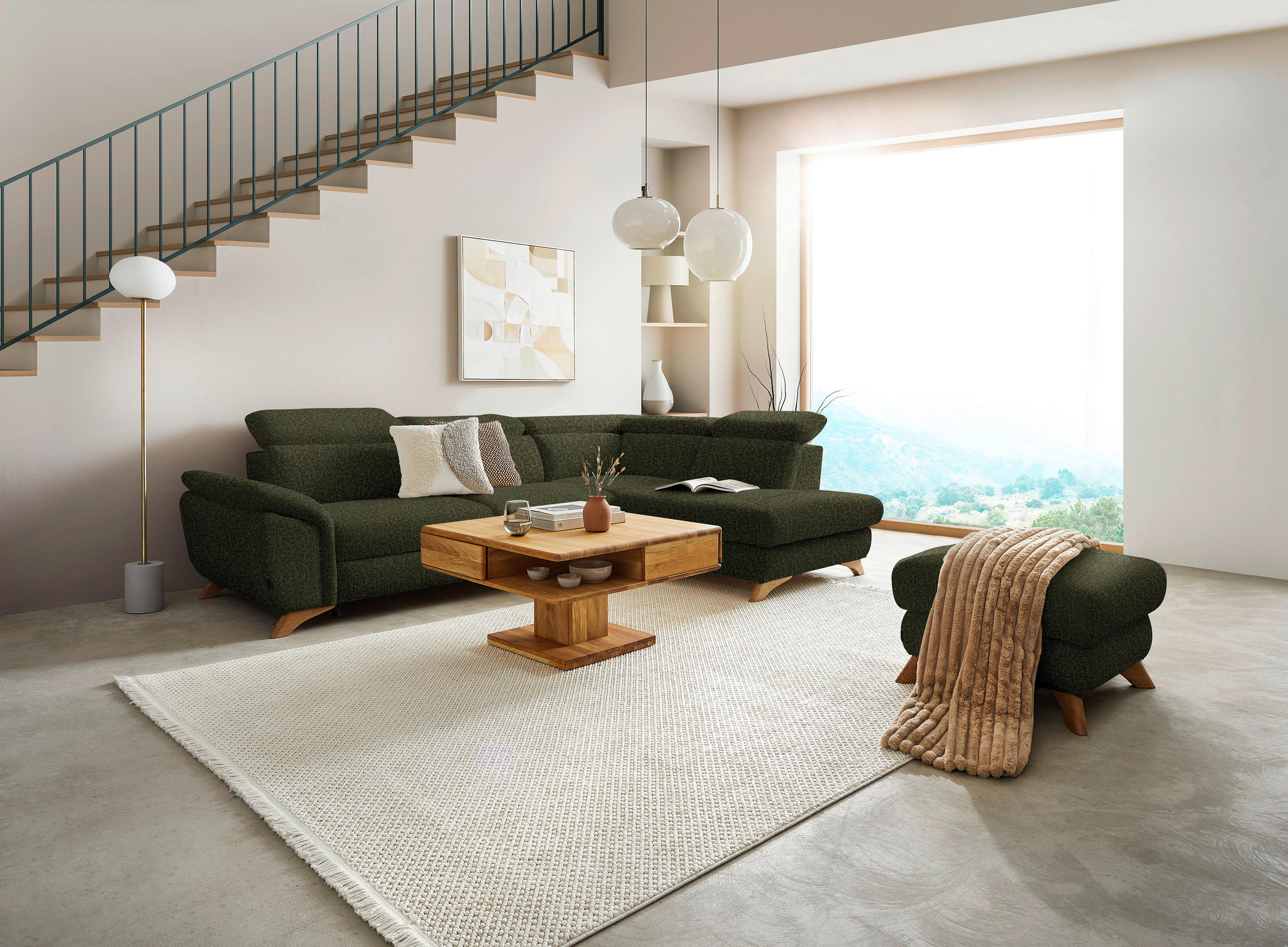 ECKSOFA in Chenille Olivgrün  - Eichefarben/Olivgrün, Modern, Holz/Textil (287/212cm) - Valnatura