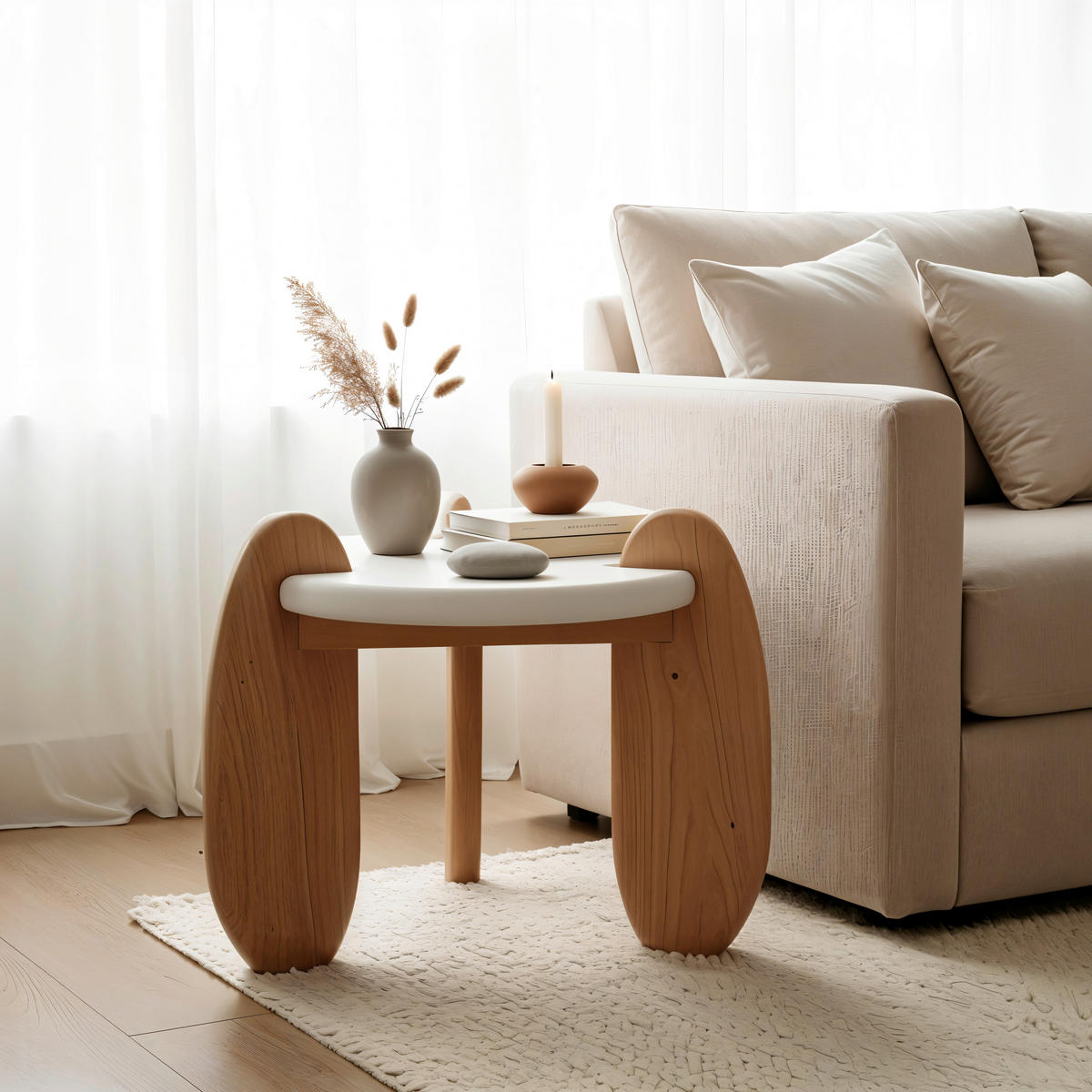 BEISTELLTISCH 50/50/50 cm Akazie massiv Naturfarben, Weiß rund  - Naturfarben/Weiß, Design, Holz/Holzwerkstoff (50/50/50cm) - MID.YOU