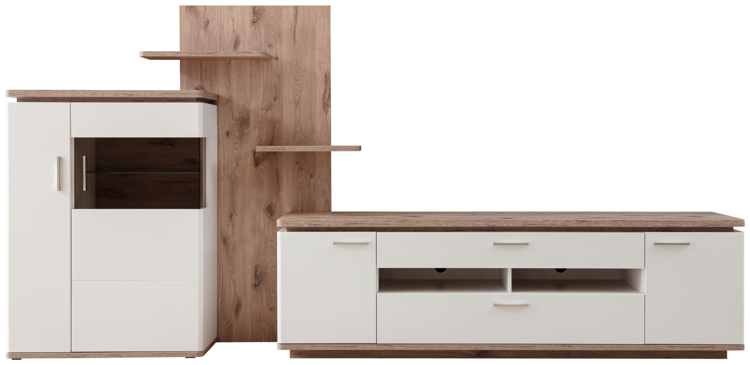WOHNWAND 3-teilig  in Weiss, Eichefarben 305/168/50 cm  - Weiss/Eichefarben, Design, Glas/Holzwerkstoff (305/168/50cm) - Livetastic