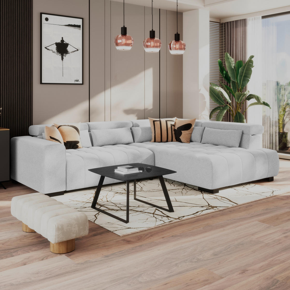 ECKSOFA MATERA Hellgrau Chenille, Struktur Nierenkissen, Kopfteilverstellung, Sitzvorzug  - Hellgrau/Schwarz, Trend, Holz/Textil (311/226cm) - MID.YOU