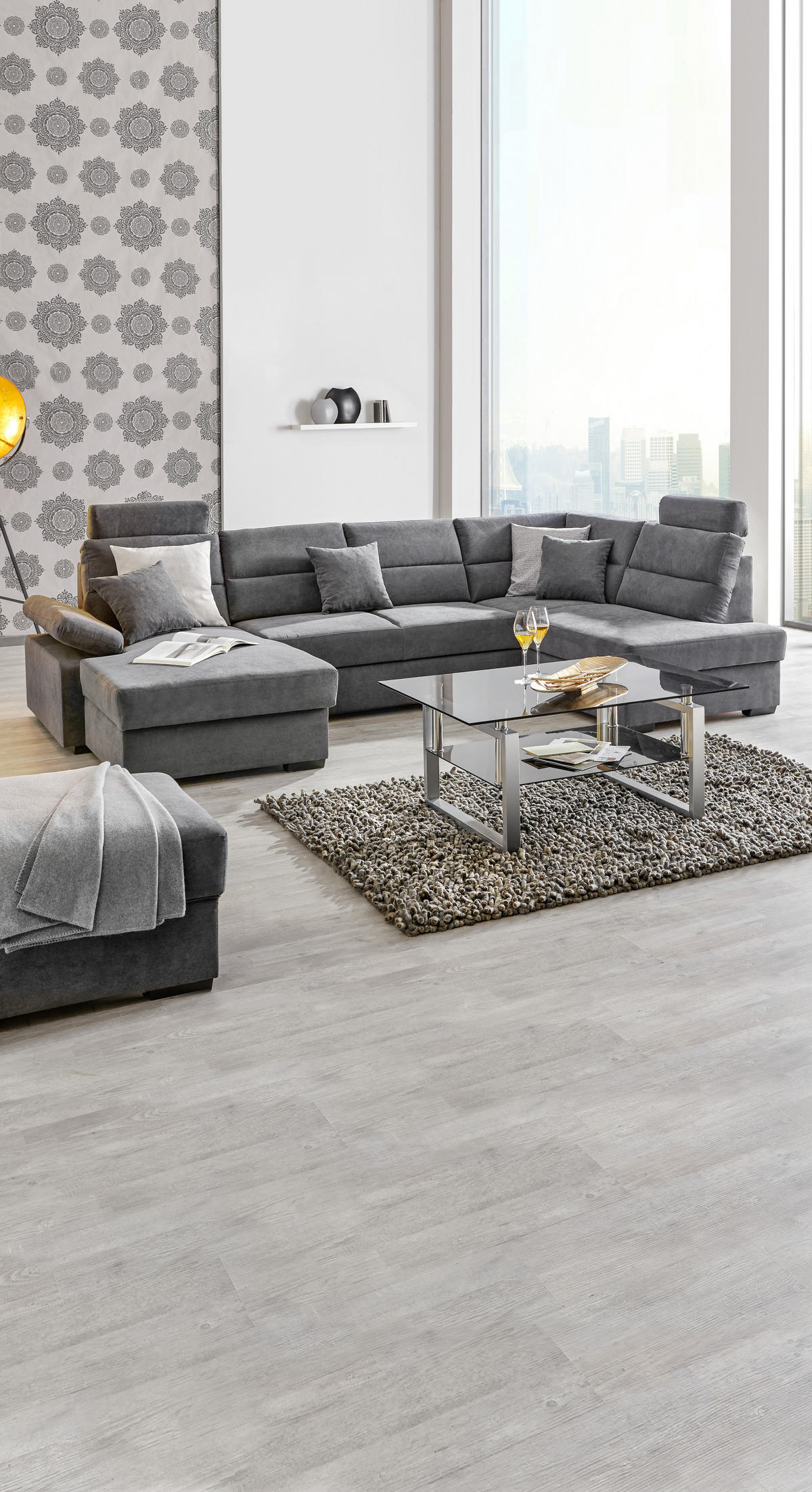 WOHNLANDSCHAFT inkl.Funktionen Anthrazit Flachgewebe  - Anthrazit/Dunkelbraun, KONVENTIONELL, Kunststoff/Textil (166/319/183cm) - Cantus