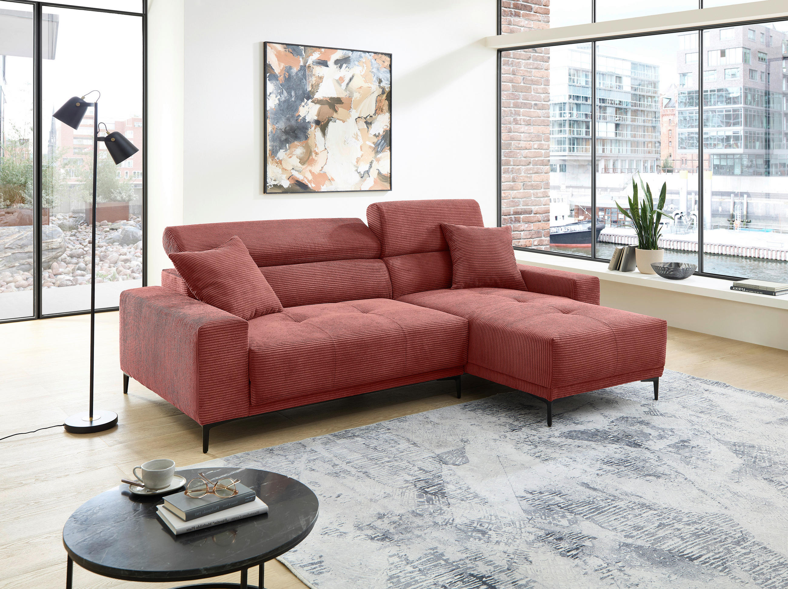 ECKSOFA Cord Koralle  - Koralle/Schwarz, Basics, Textil/Metall (250/183cm) - Livetastic