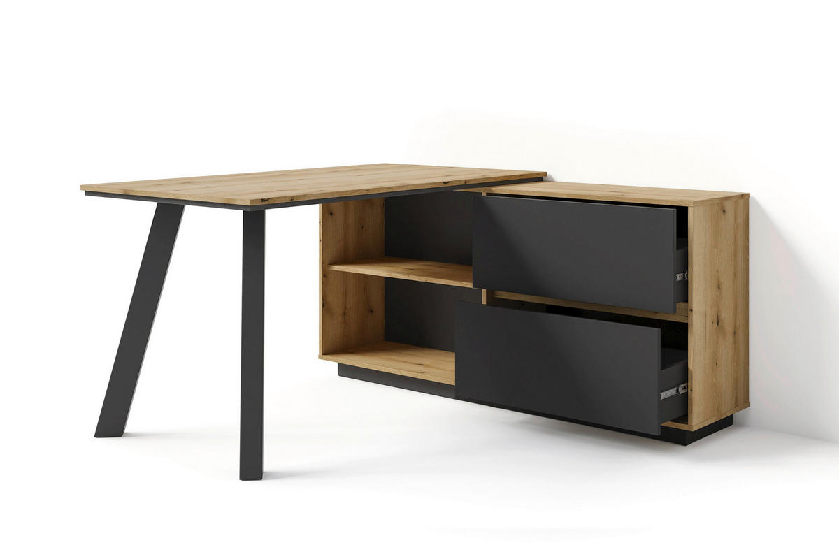 SCHREIBTISCH 138/150/75,4 cm Eichefarben   - Eichefarben/Schwarz, Modern, Holzwerkstoff (138/150/75,4cm) - MID.YOU
