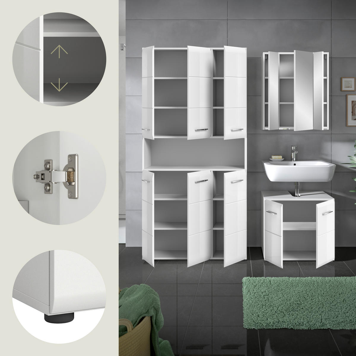 BADEZIMMER 3-teilig  in 150 cm  - Weiß Hochglanz/Silberfarben, MODERN, Holzwerkstoff/Kunststoff (150cm) - MID.YOU