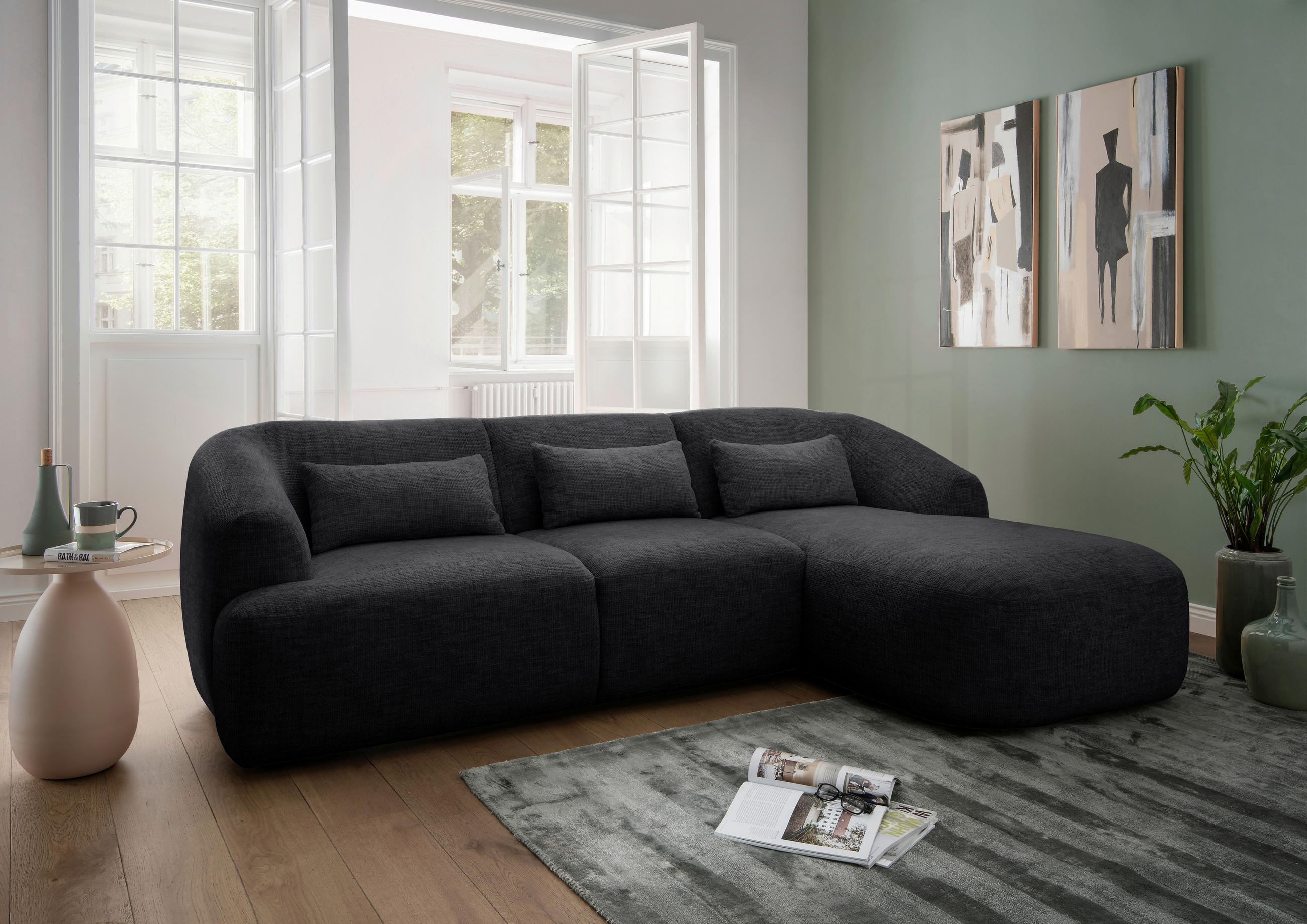 ECKSOFA in Struktur Schwarz  - Schwarz, Modern, Kunststoff/Textil (256/160cm) - Livetastic