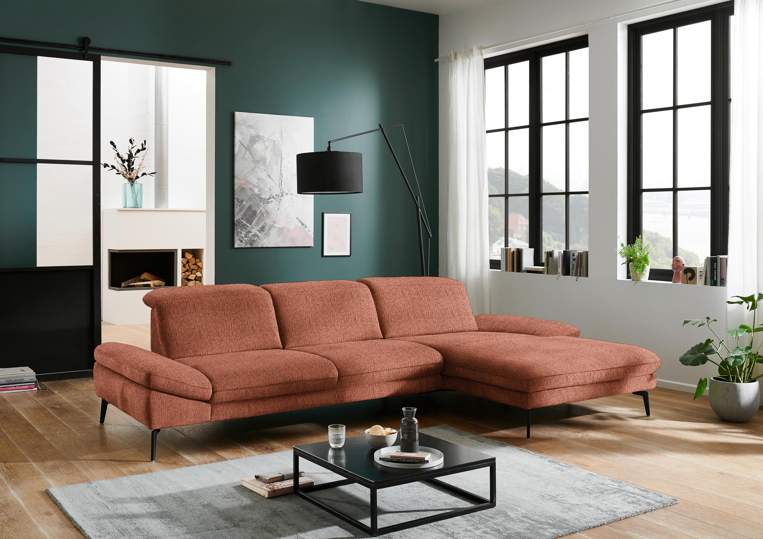 ECKSOFA in Chenille Rostfarben  - Rostfarben/Schwarz, Design, Textil/Metall (319/188cm) - Beldomo System