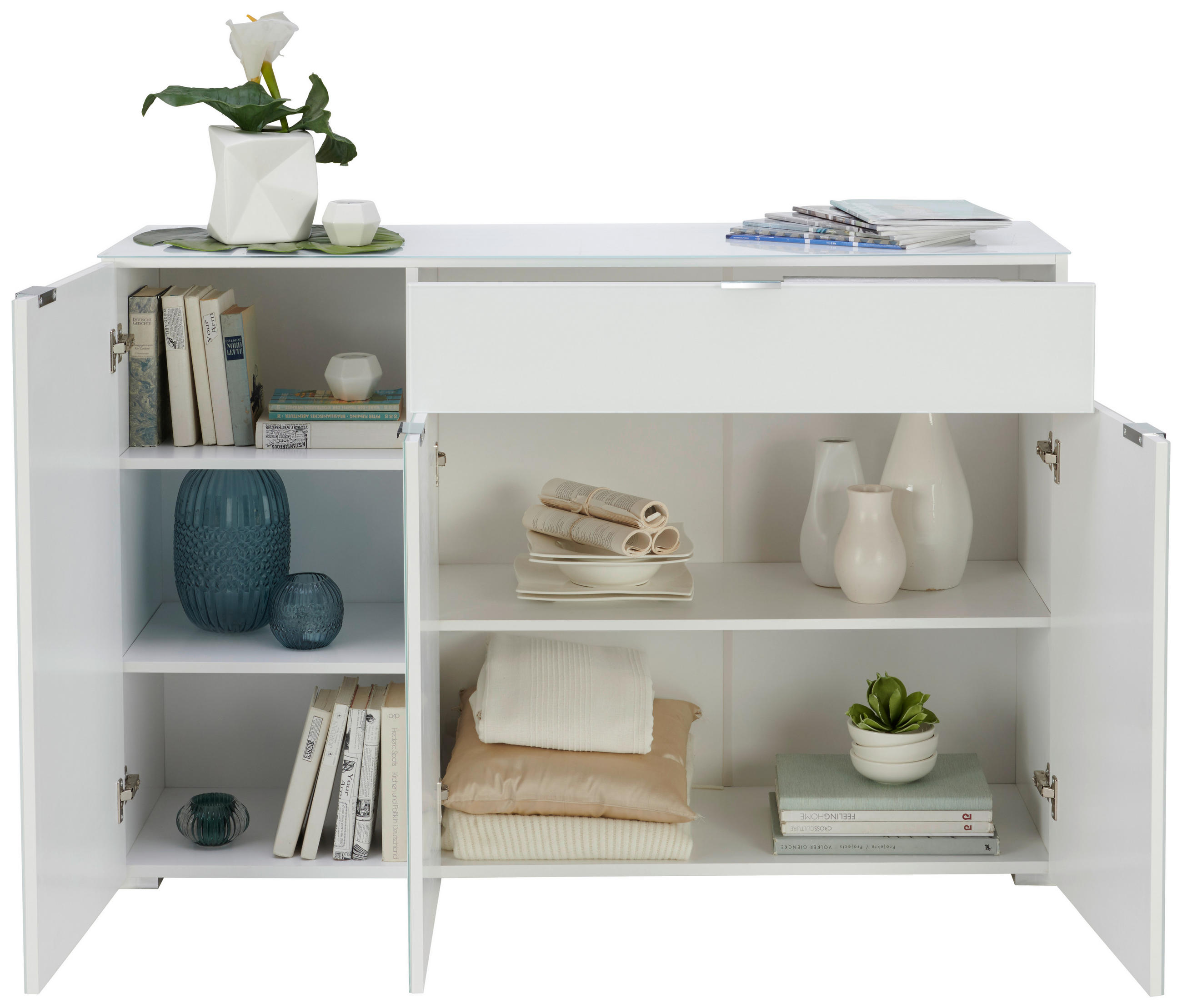 KOMMODE  in 137/92/42 cm  - Chromfarben/Weiß, Design, Glas/Holzwerkstoff (137/92/42cm) - Novel